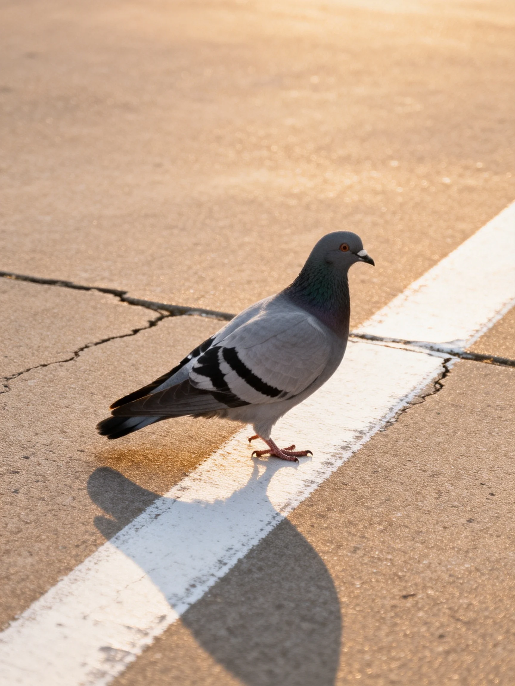 A pigeon with gray and black feathers stands on cracked asphalt next to a white