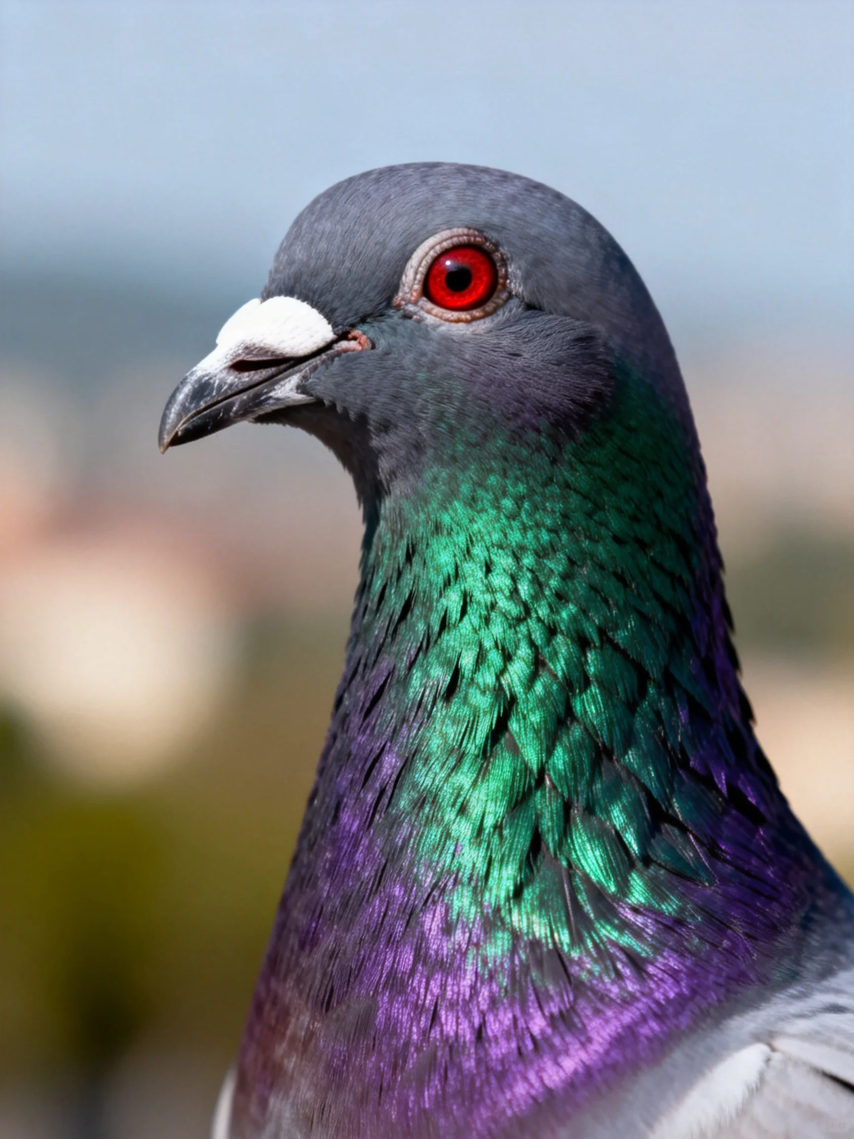 A pigeon with gray head, iridescent green-purple neck, and bright red eye