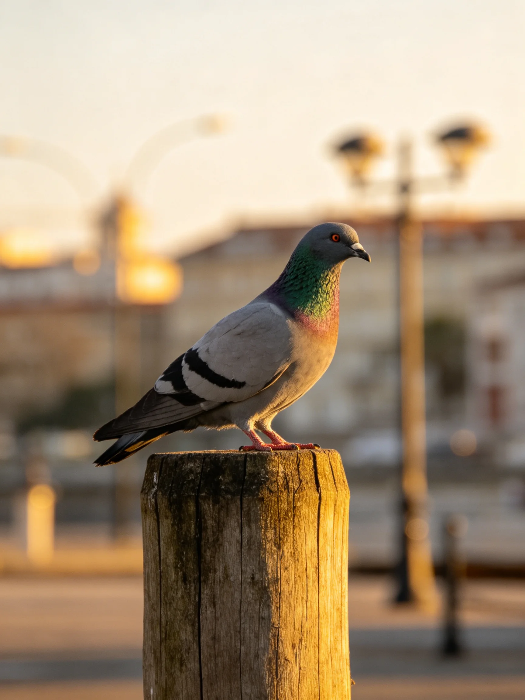 A pigeon with green and pink plumage perches on a weathered wooden post