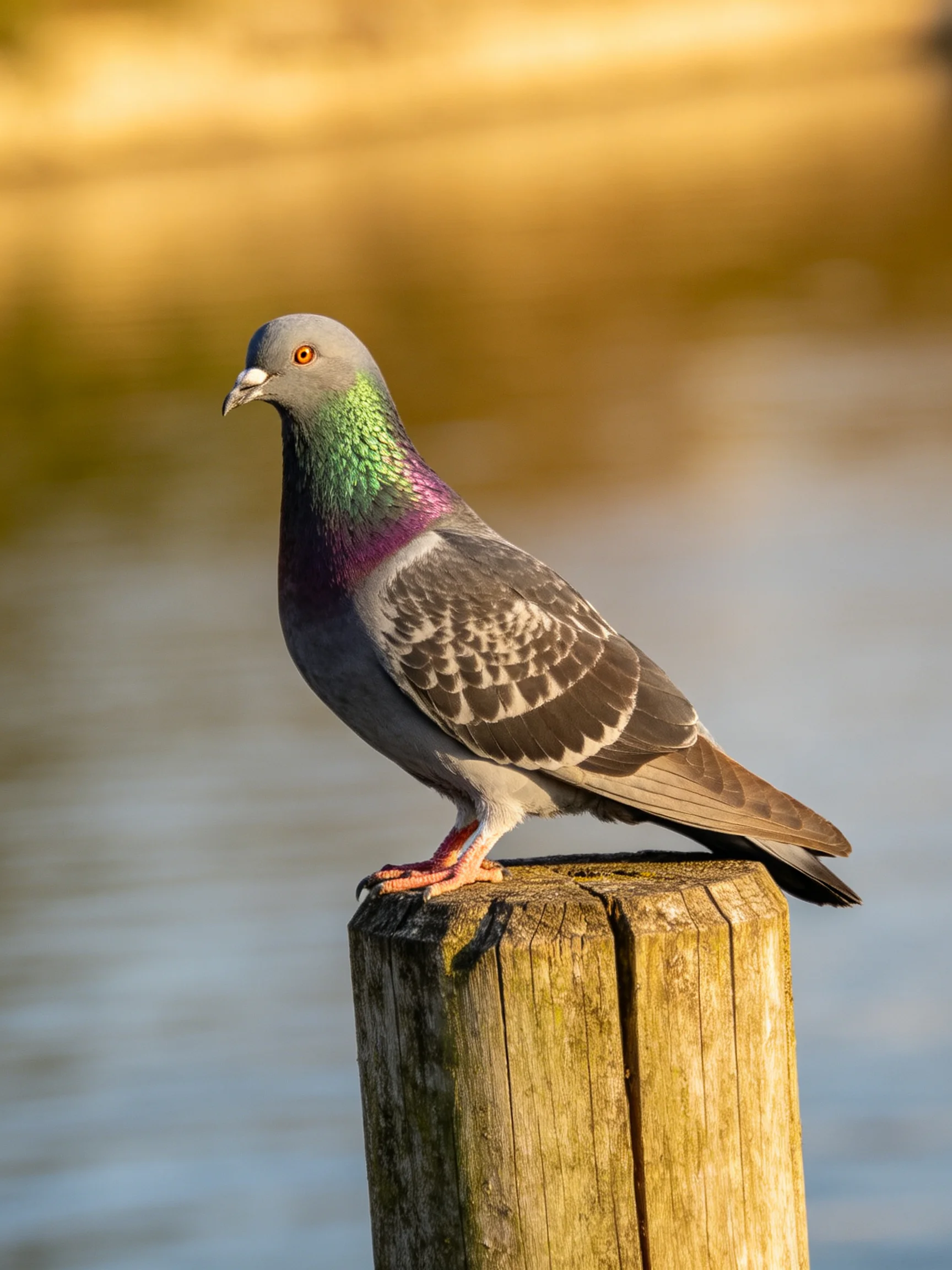 An iridescent pigeon rests on a weathered wooden post near water.