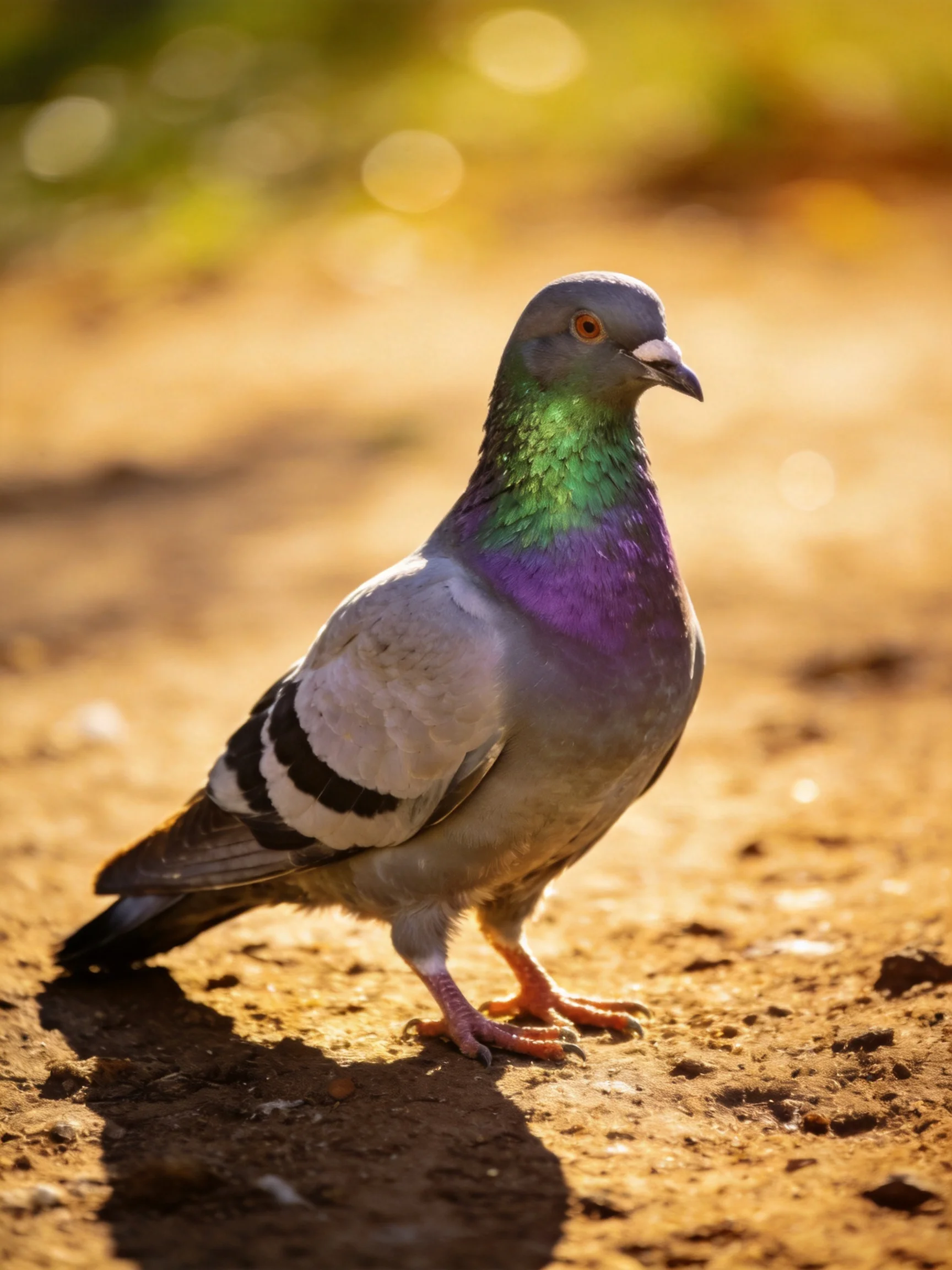 A pigeon with green and purple iridescent feathers on sunlit earth