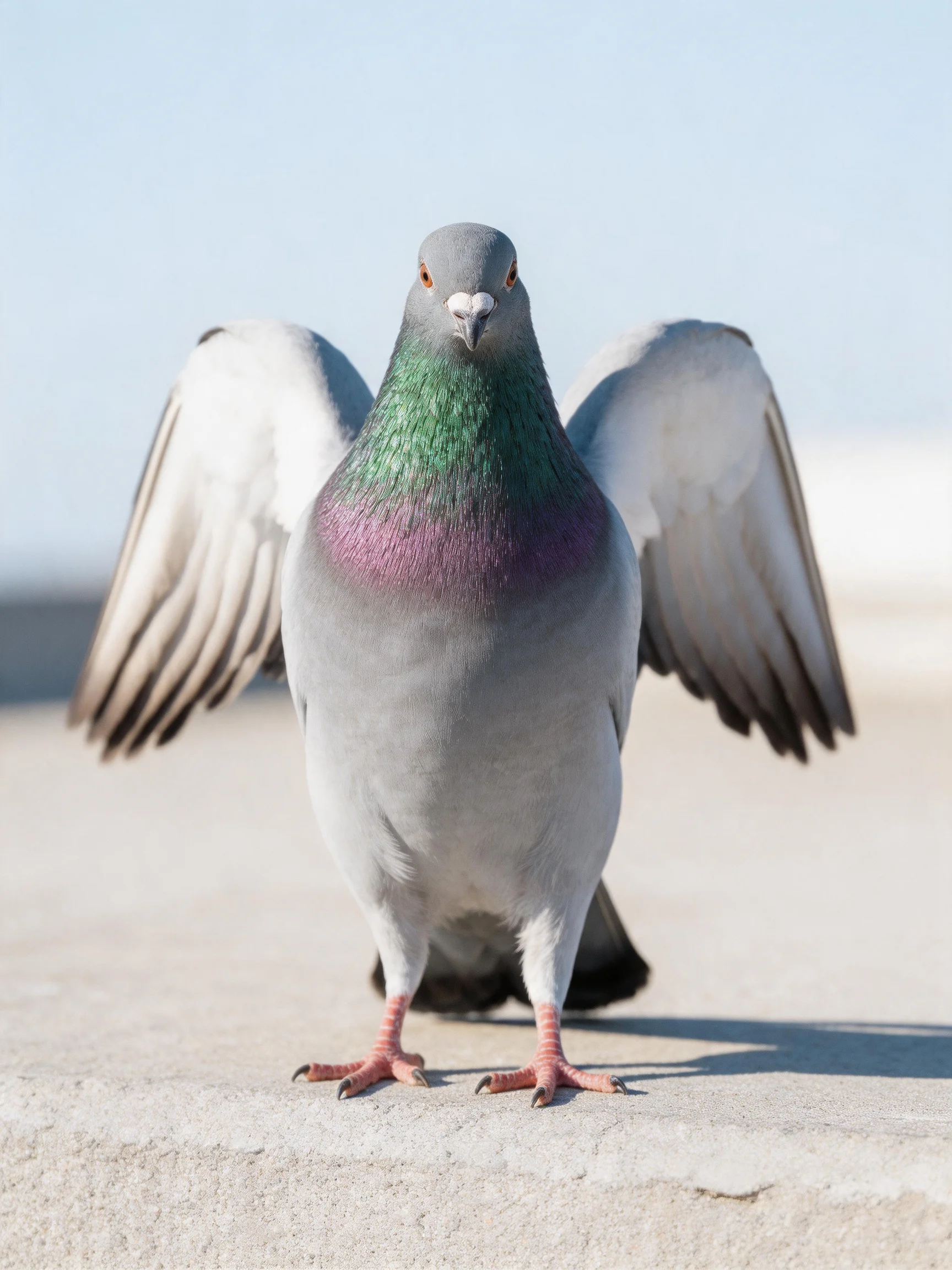 A pigeon with vibrant plumage stands on concrete with wings extended.