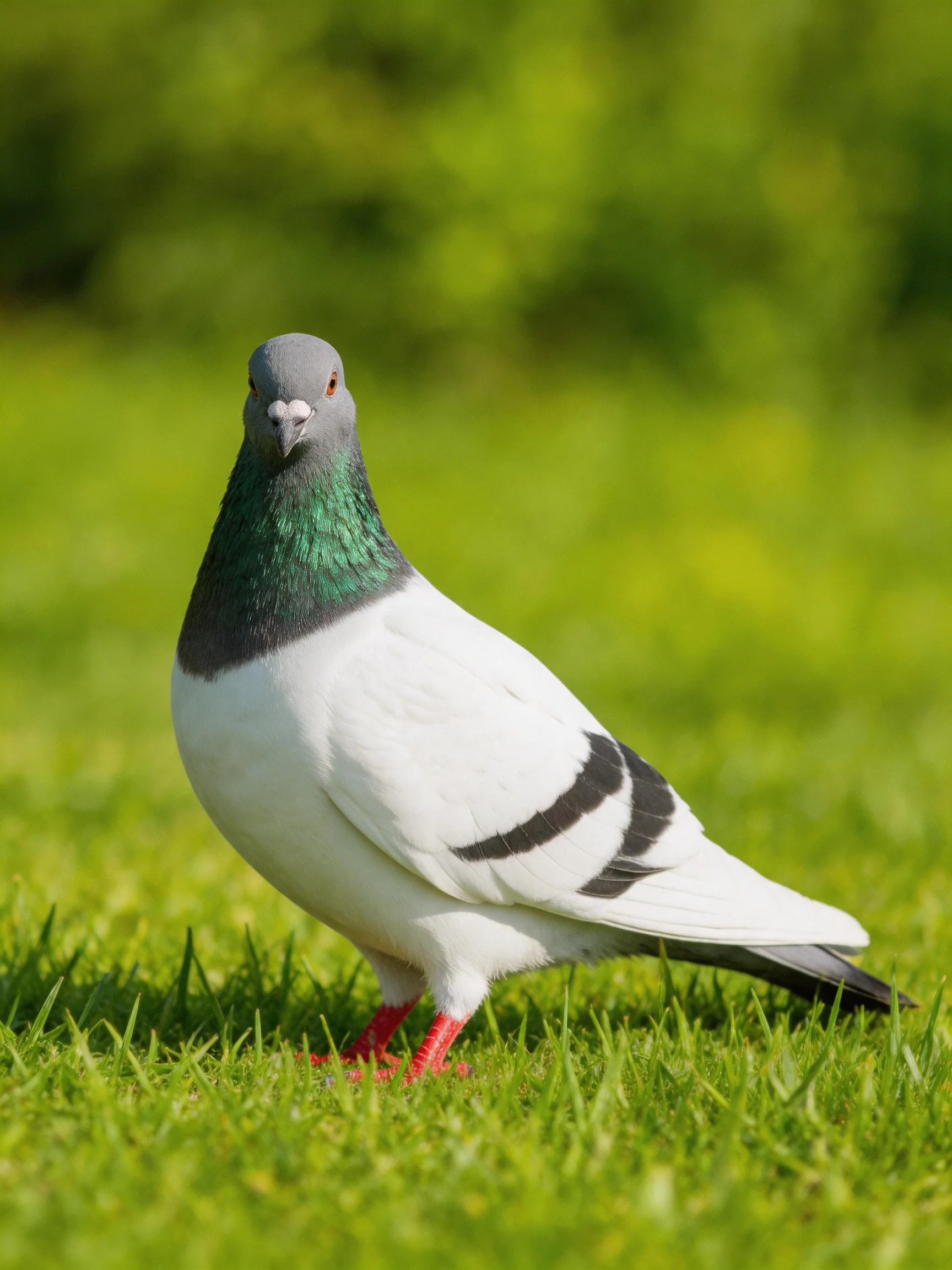 A pigeon with green neck, white body, red feet on vibrant grass