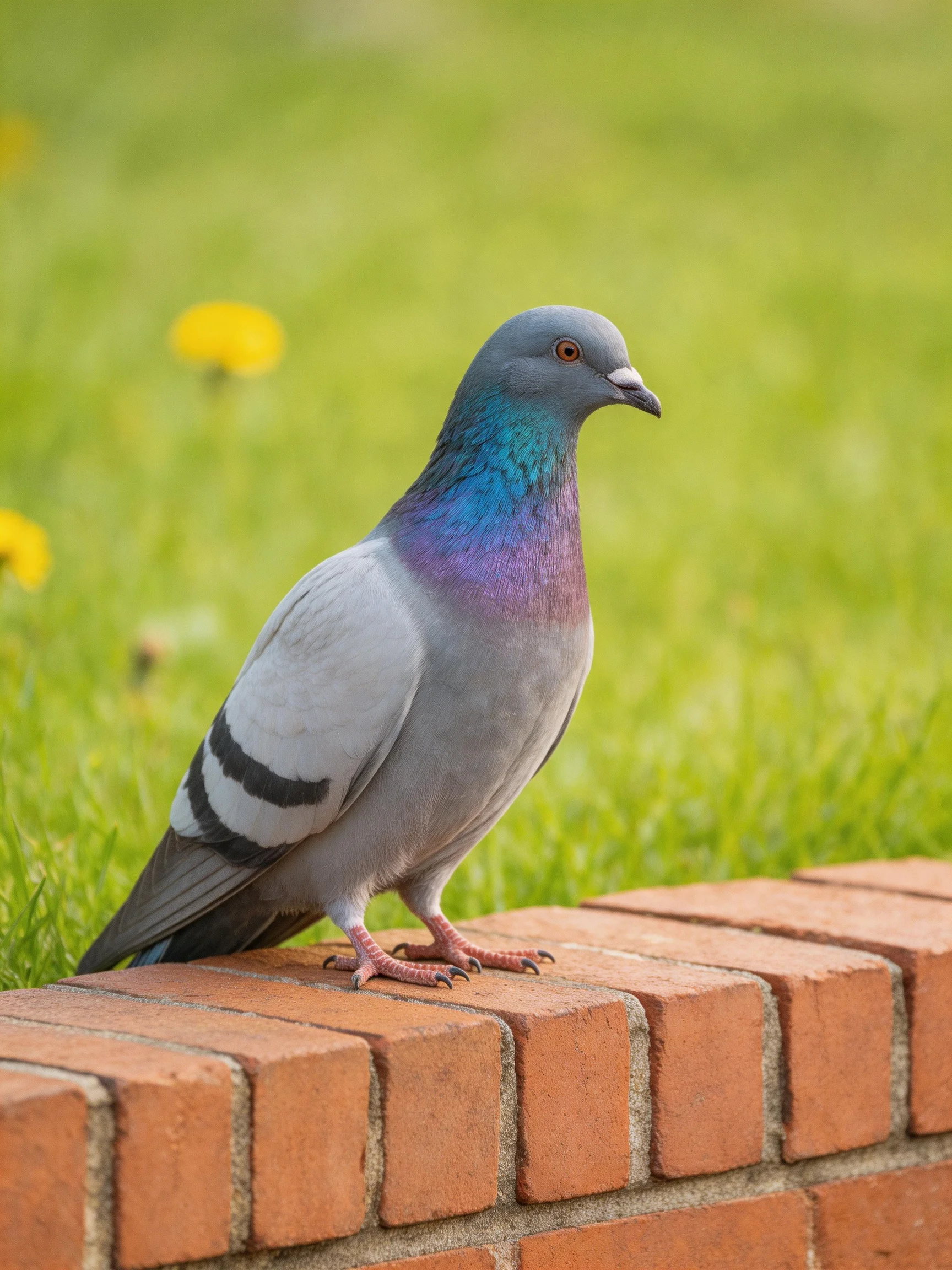 A pigeon with iridescent blue-purple plumage perches on a brick ledge