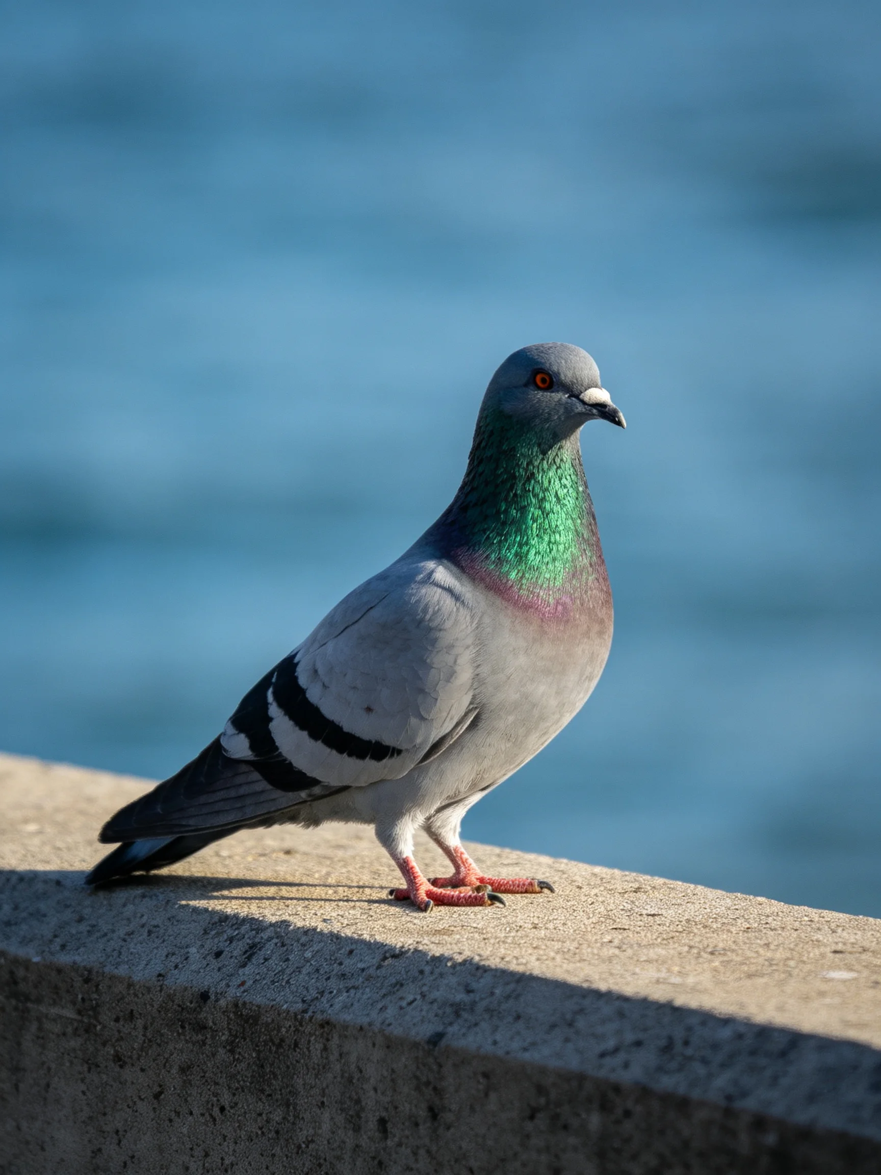 A pigeon with colorful plumage rests on a concrete ledge