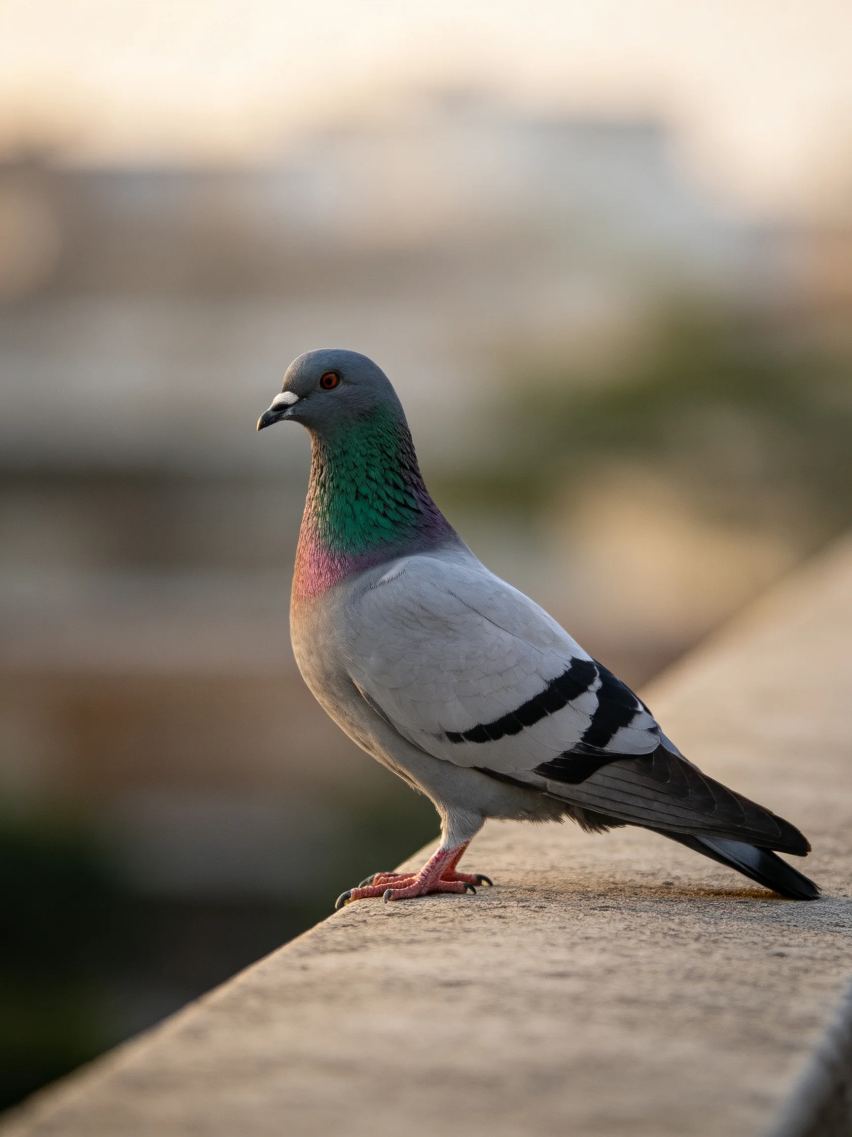 An iridescent pigeon rests on a concrete ledge with a blurred urban backdrop.