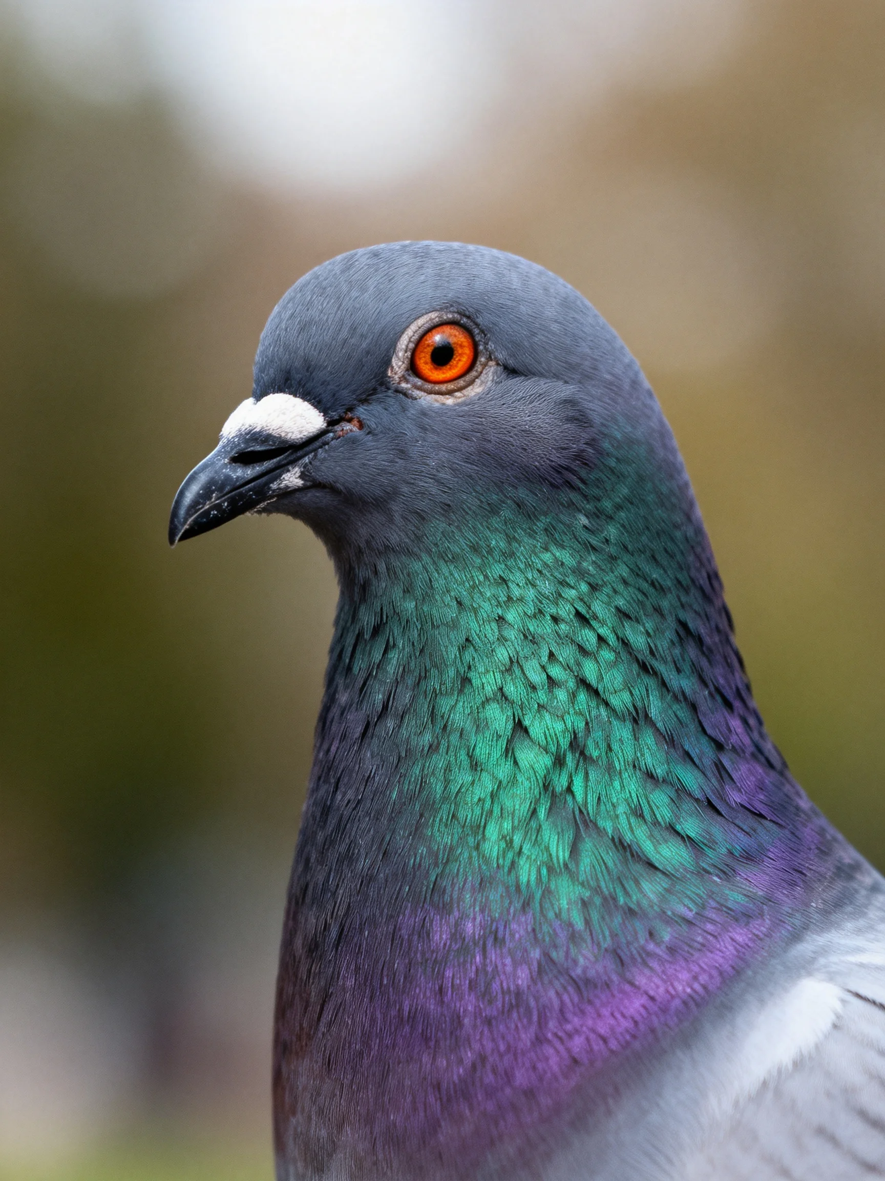 A pigeon with iridescent green and purple neck feathers