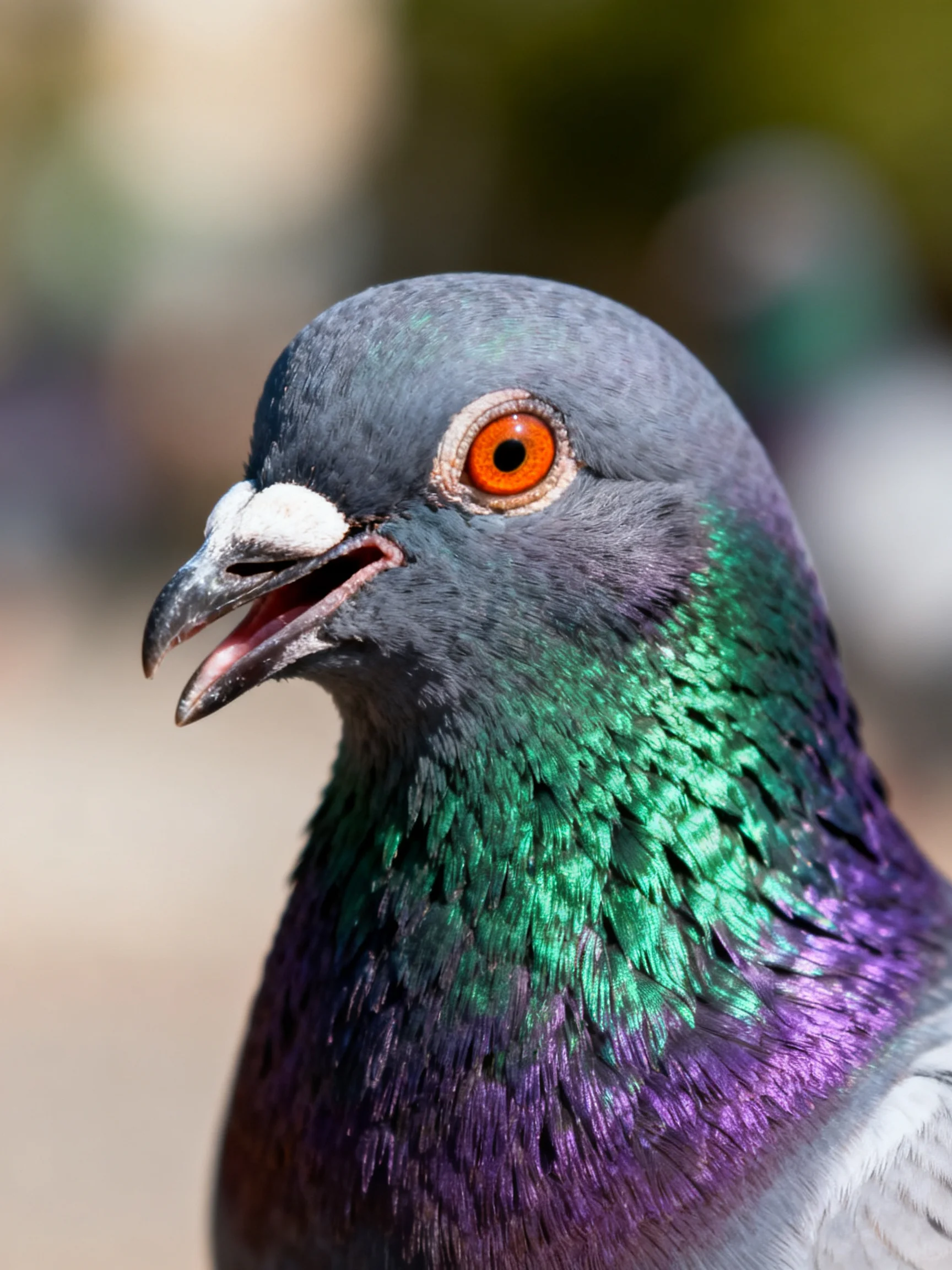 A pigeon with iridescent green and purple neck feathers