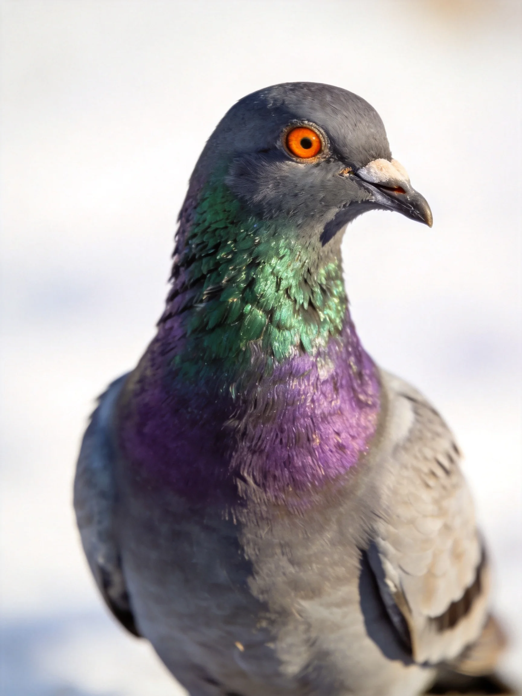 A pigeon with iridescent green and purple plumage against a bright backdrop