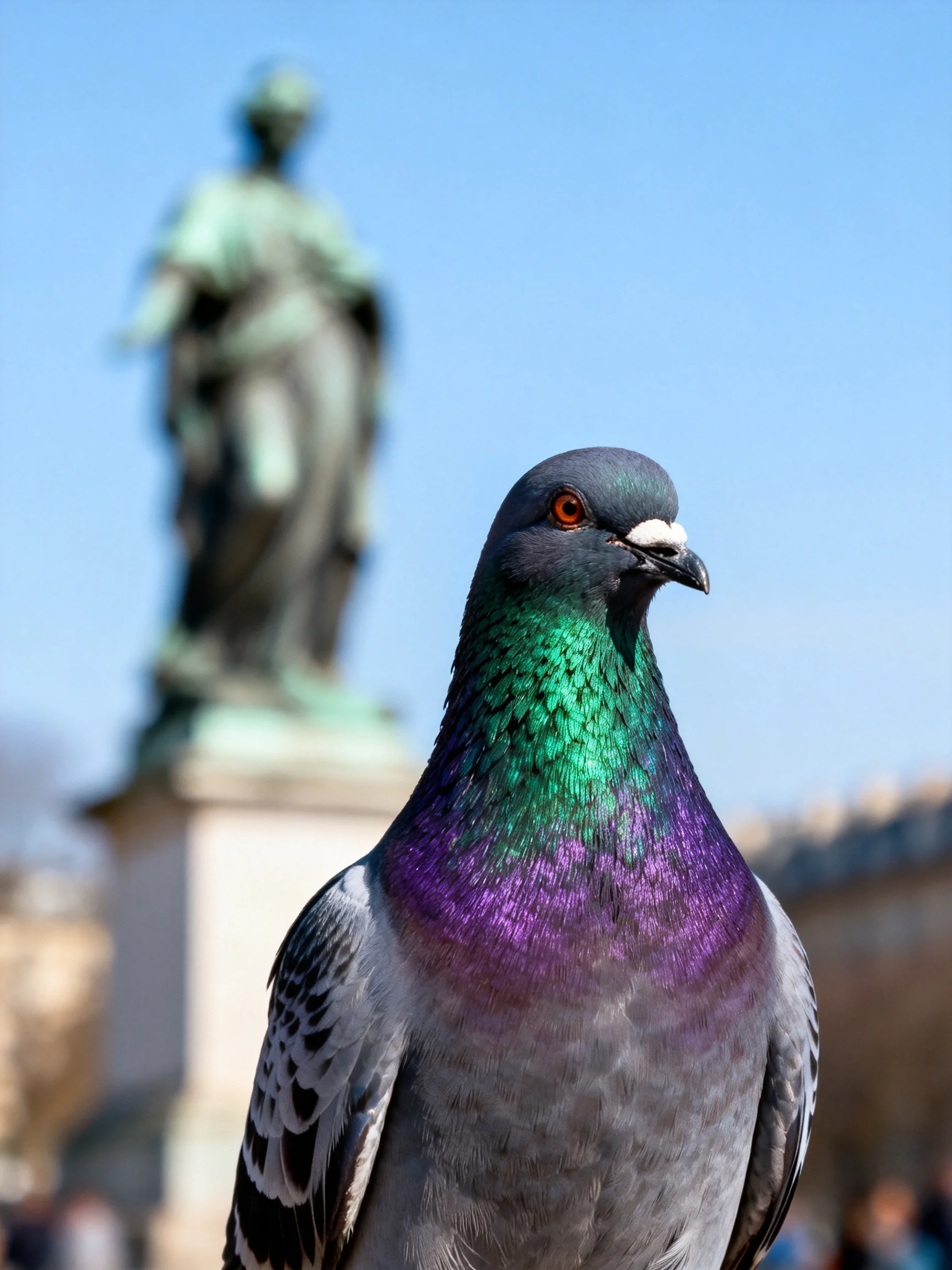 A pigeon with iridescent green and purple plumage near a bronze statue
