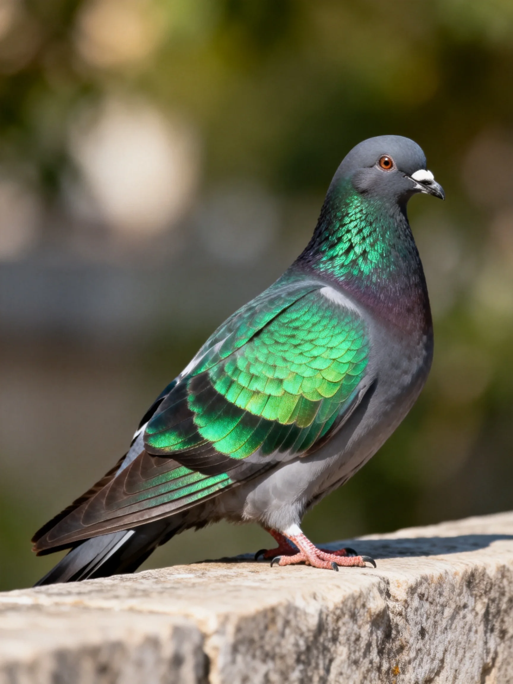 A pigeon with iridescent green and purple plumage on a stone ledge