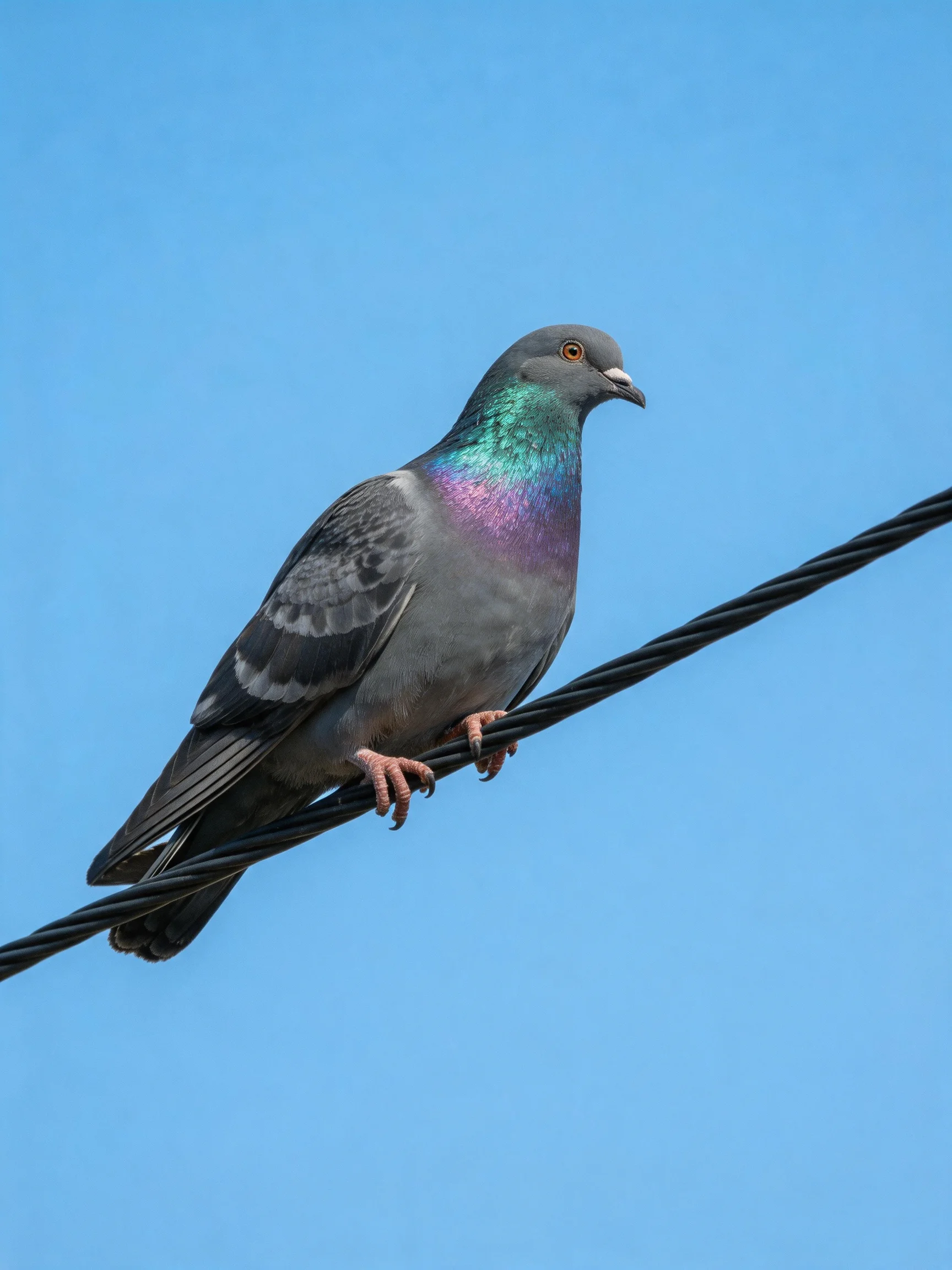 A pigeon with iridescent green and purple plumage perched on a black wire