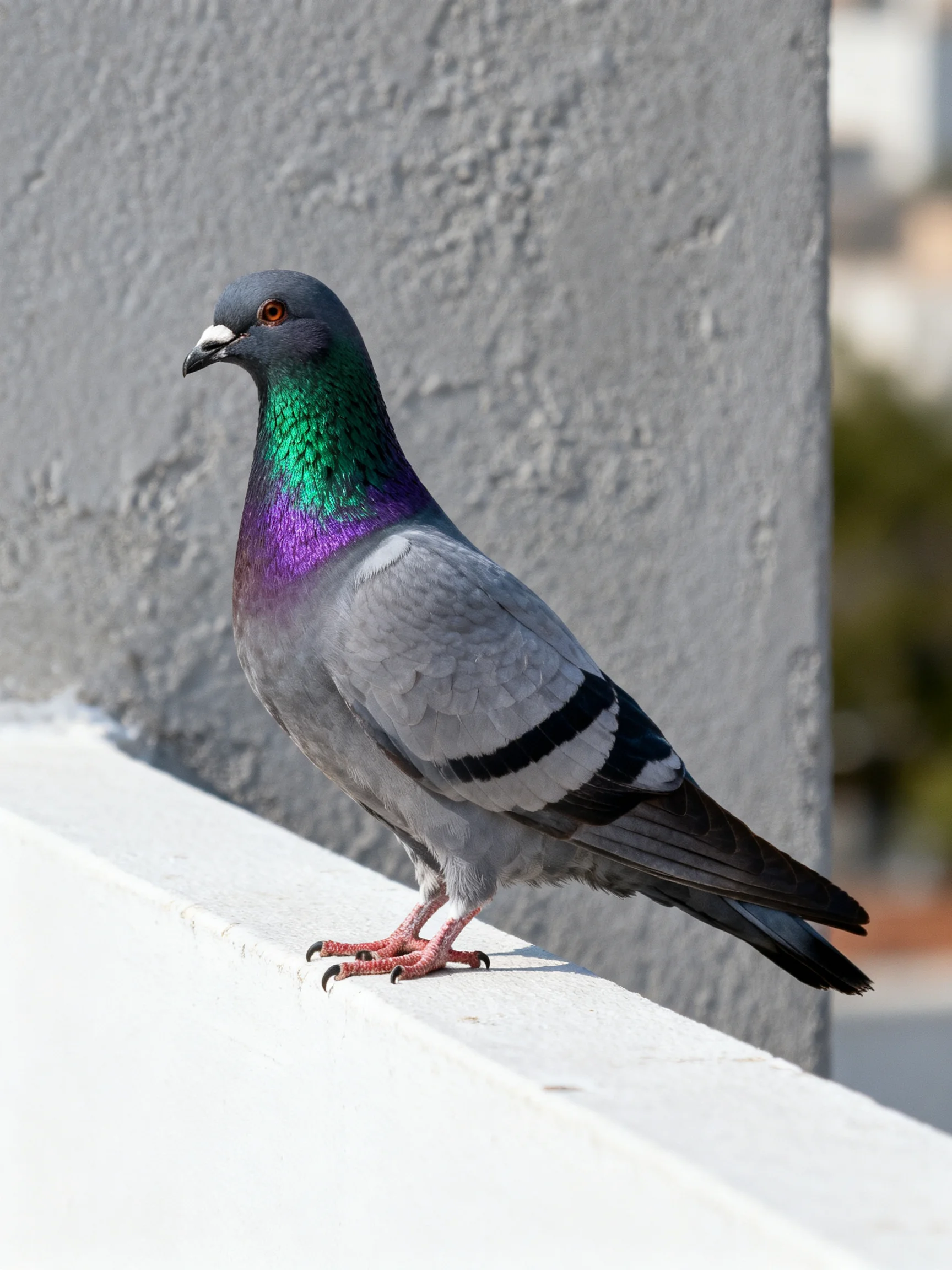 An iridescent pigeon perches on a white ledge by a gray wall