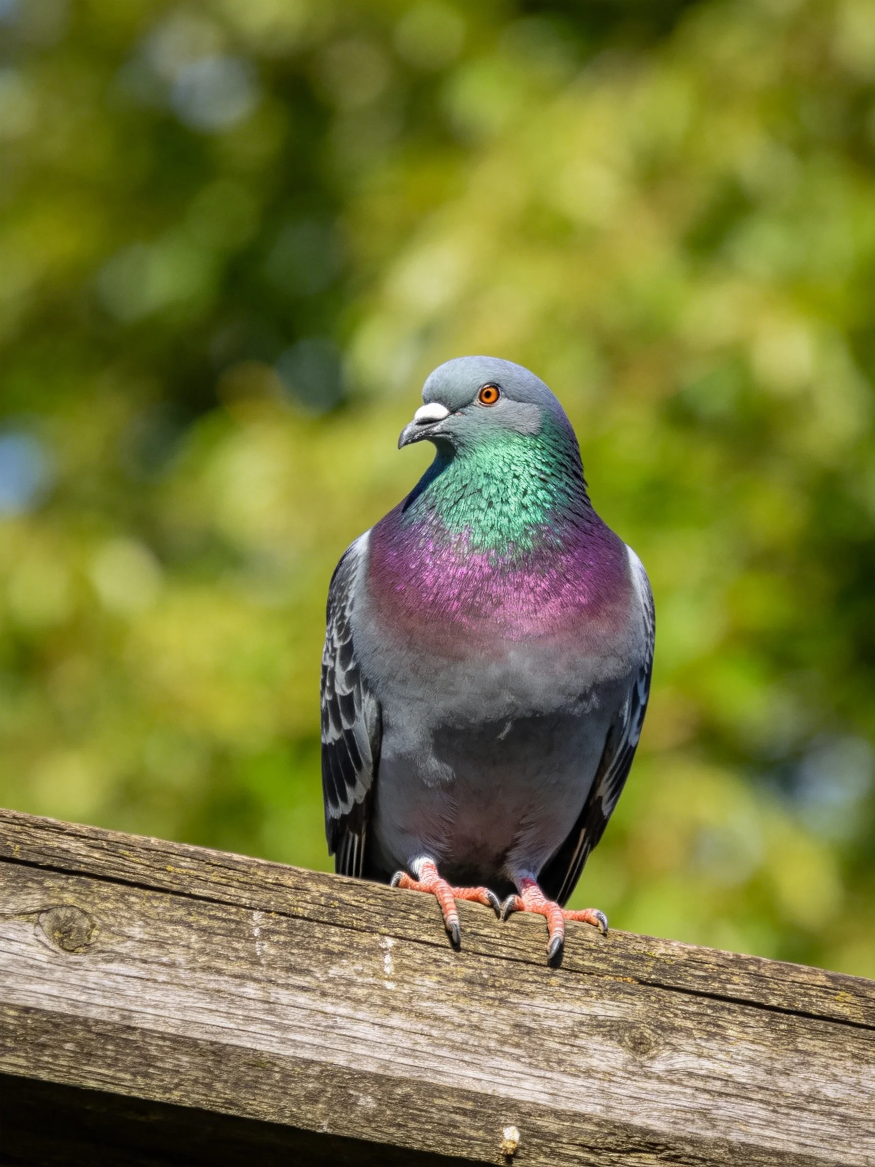 A pigeon with iridescent green and purple plumage perched on weathered wood