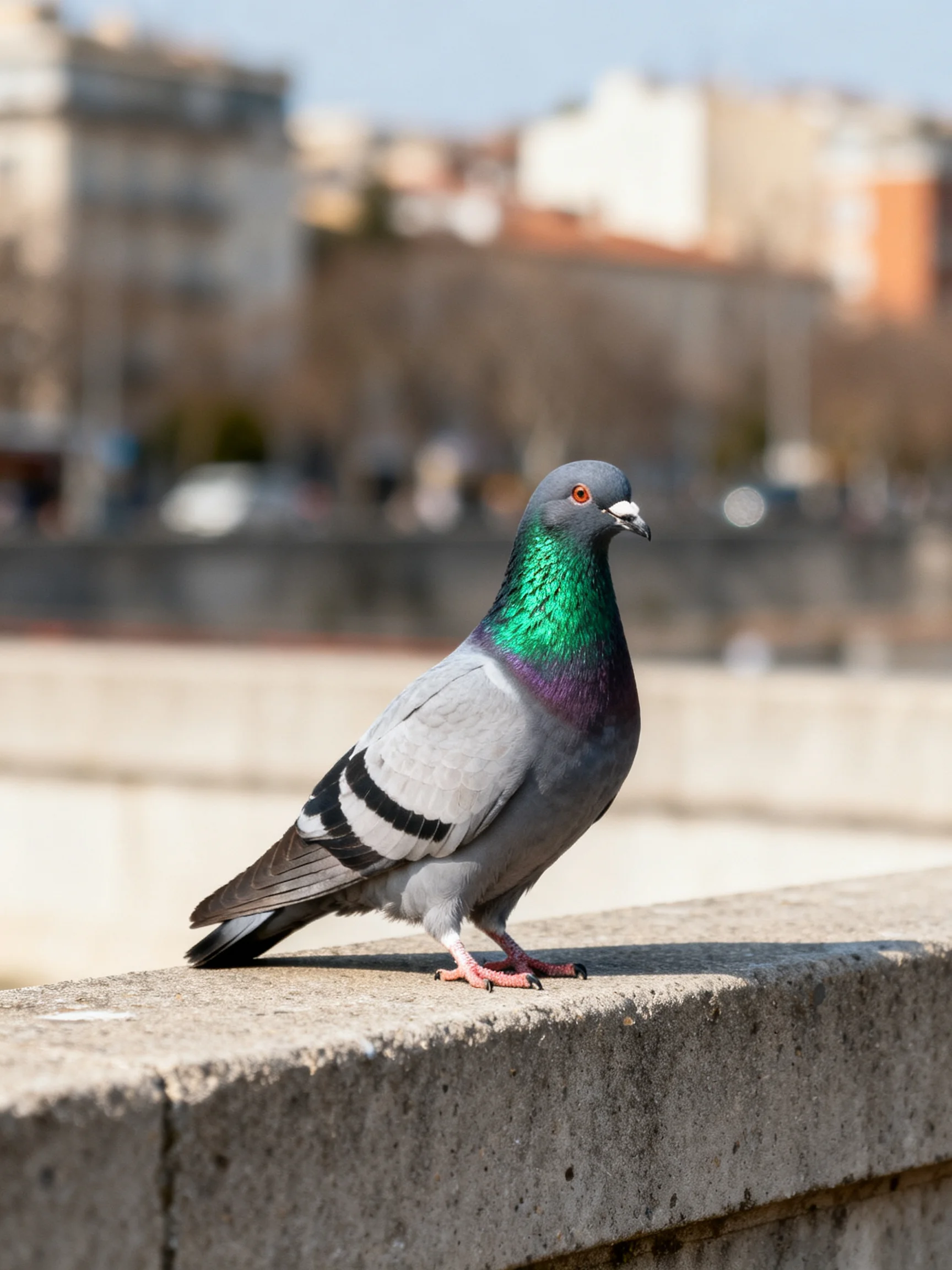 A colorful pigeon stands on a concrete ledge near buildings