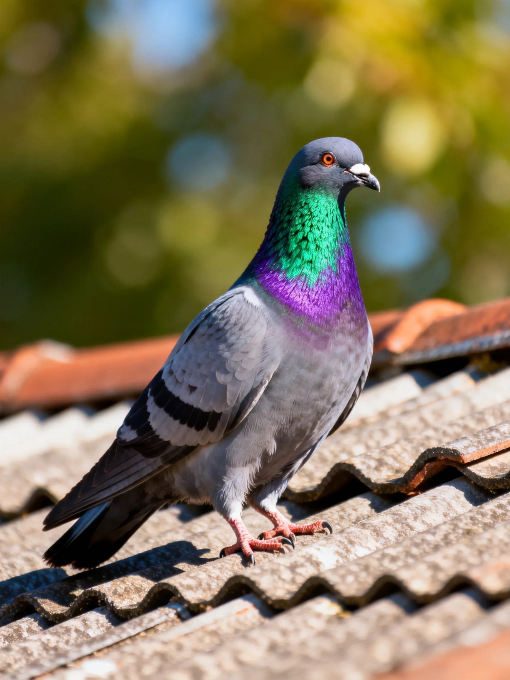 A pigeon with colorful plumage rests on a tiled roof.