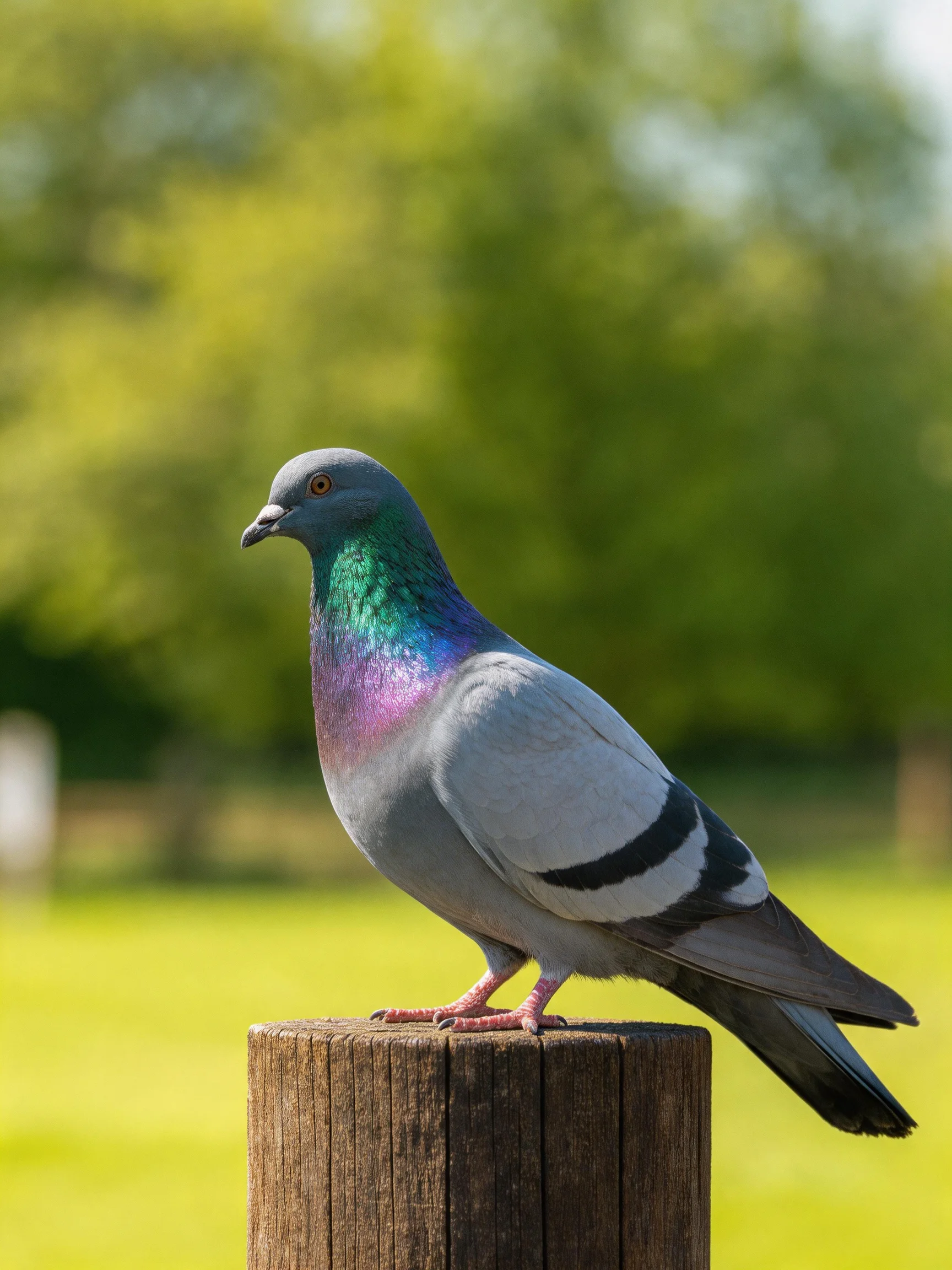 A pigeon with iridescent green and purple plumage perches on a weathered wooden post
