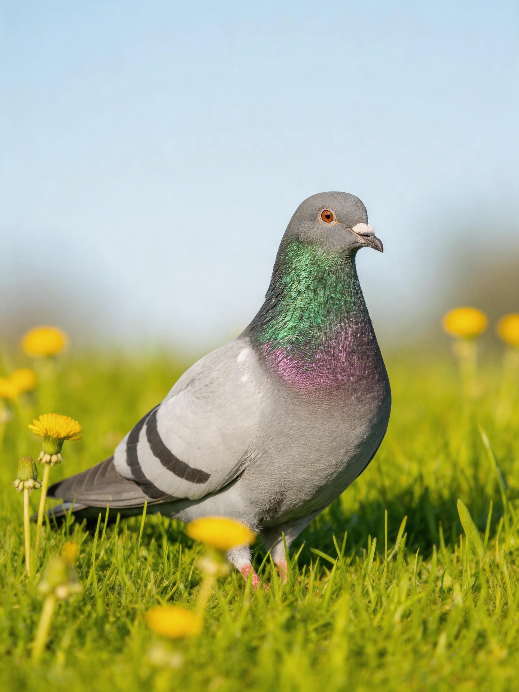 A pigeon with iridescent green and purple plumage stands near yellow flowers in grassy terrain