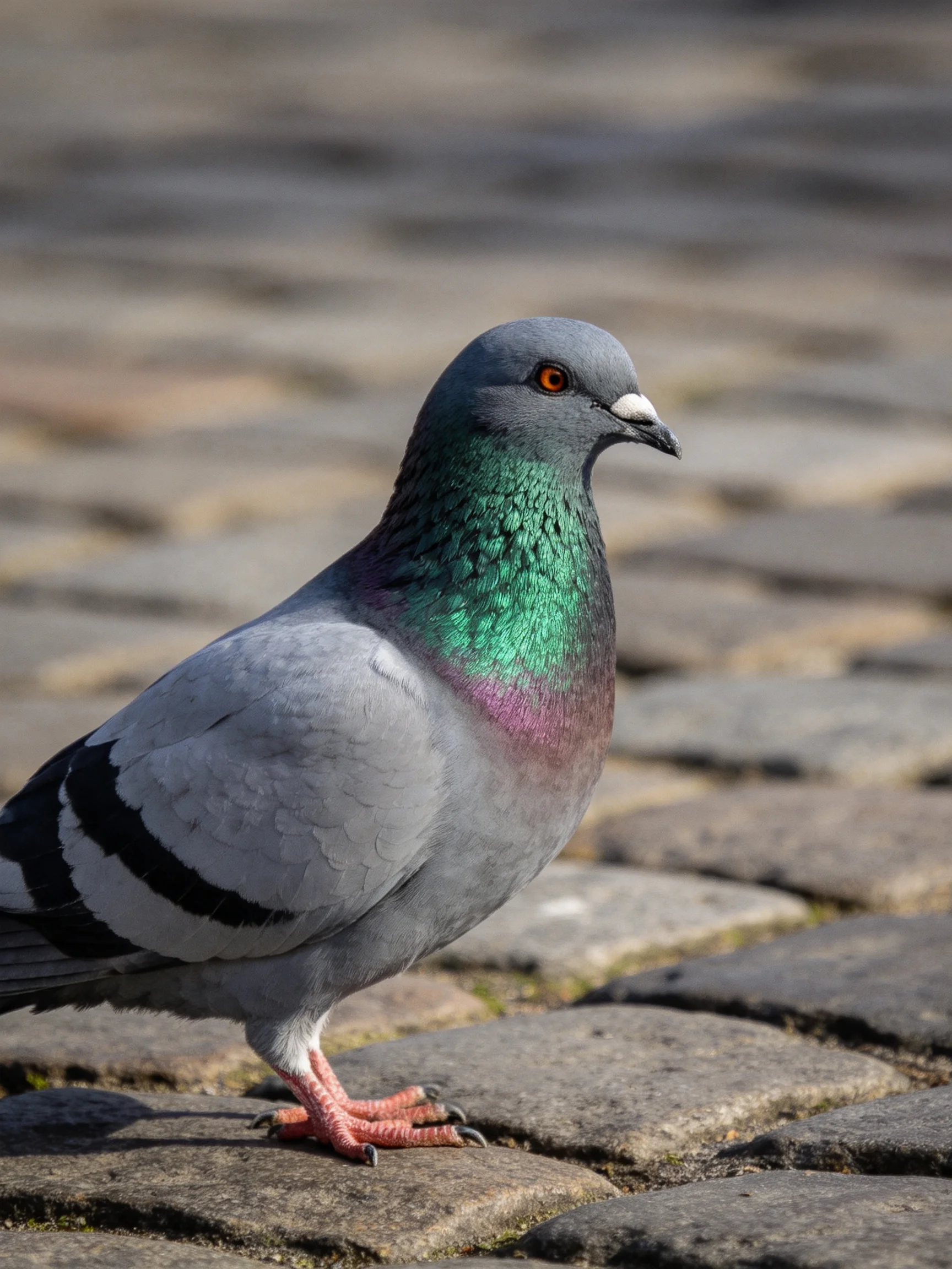 A pigeon with iridescent green and purple plumage stands on cobblestones