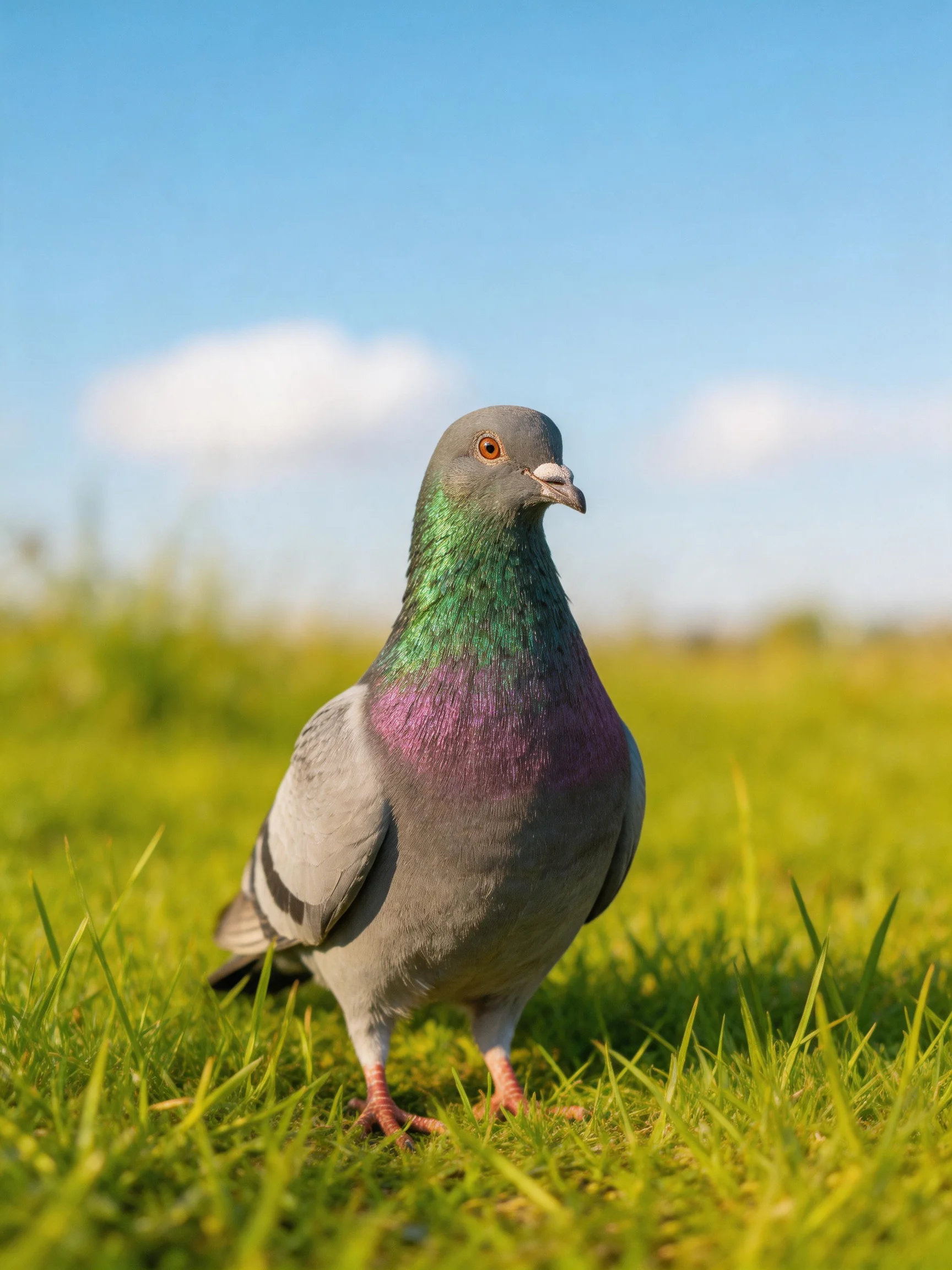A pigeon with iridescent green and purple plumage stands on lush green grass