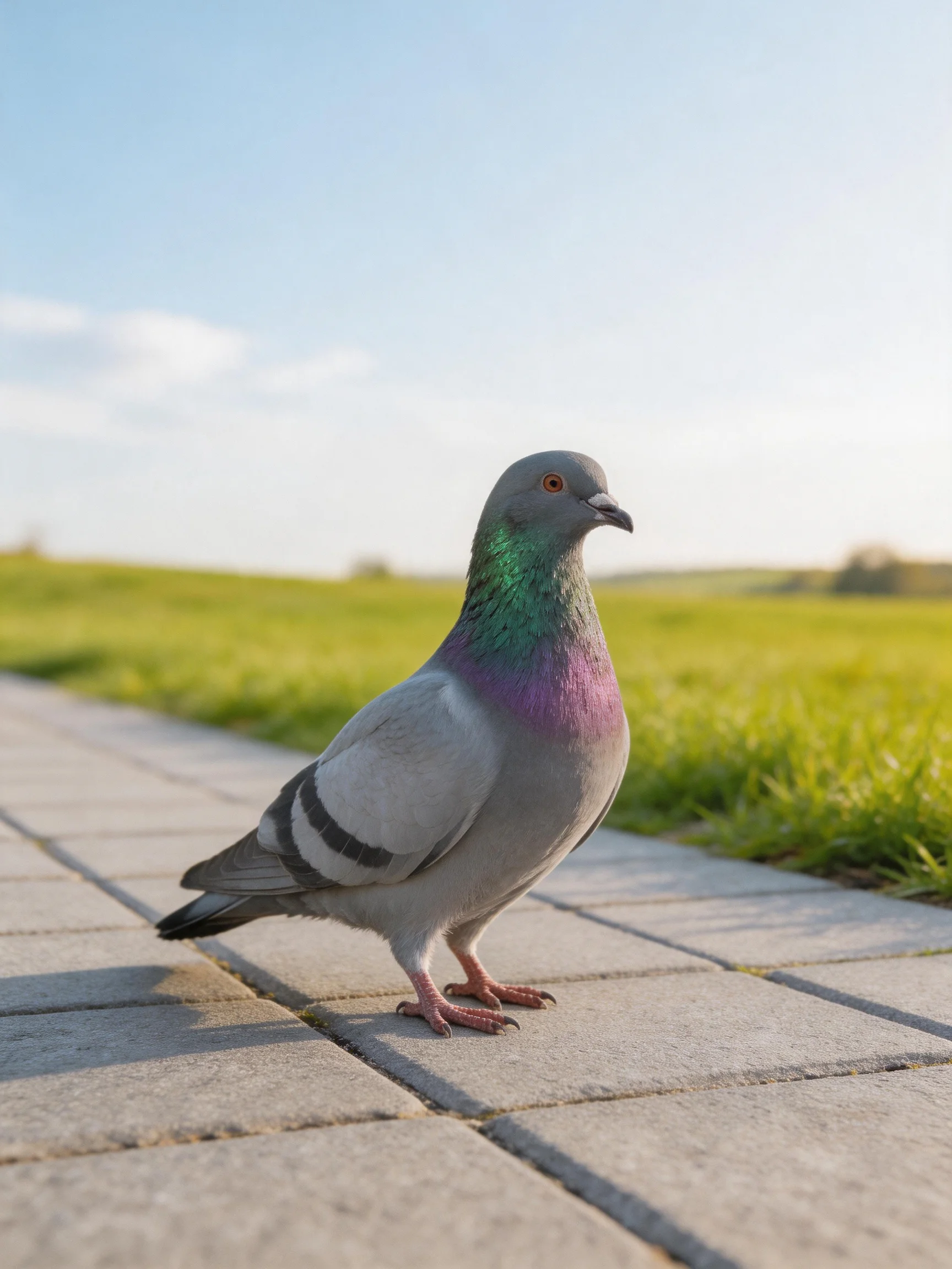A pigeon with iridescent green and purple plumage stands on paved walkway near grassy fields