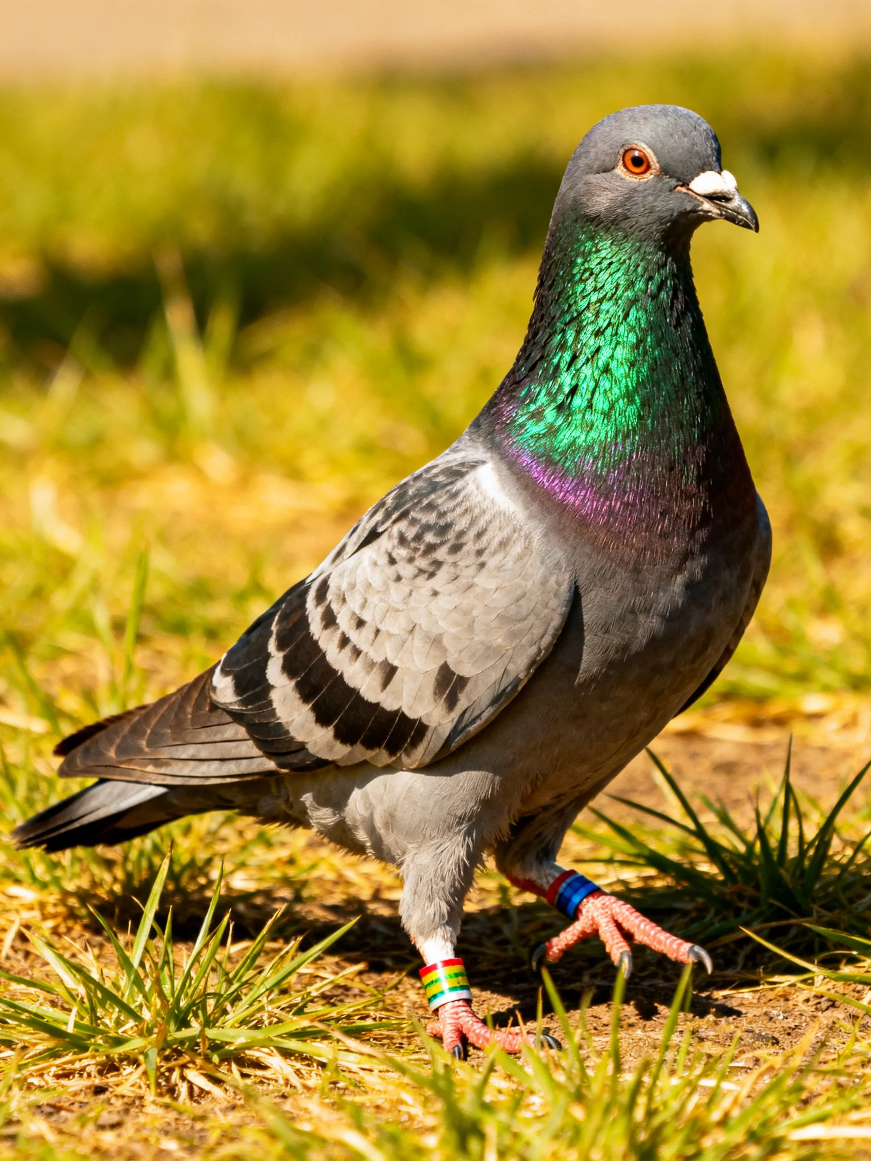 A pigeon with iridescent green neck and colorful leg bands on sunlit grass