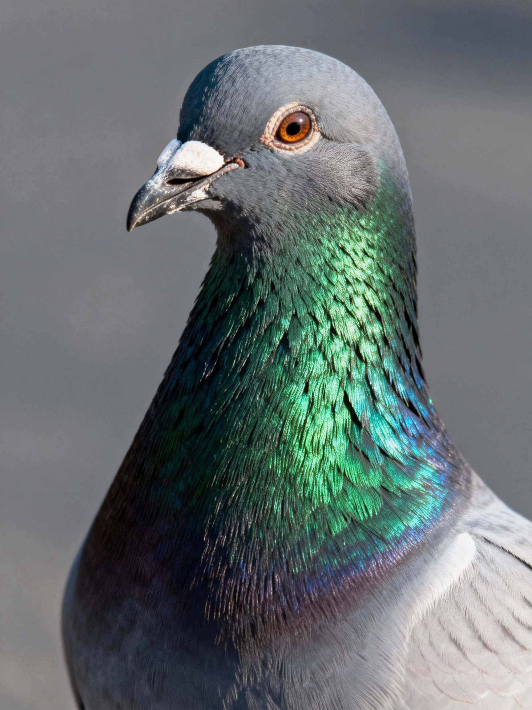 A pigeon with an iridescent green neck is centered against a plain backdrop.