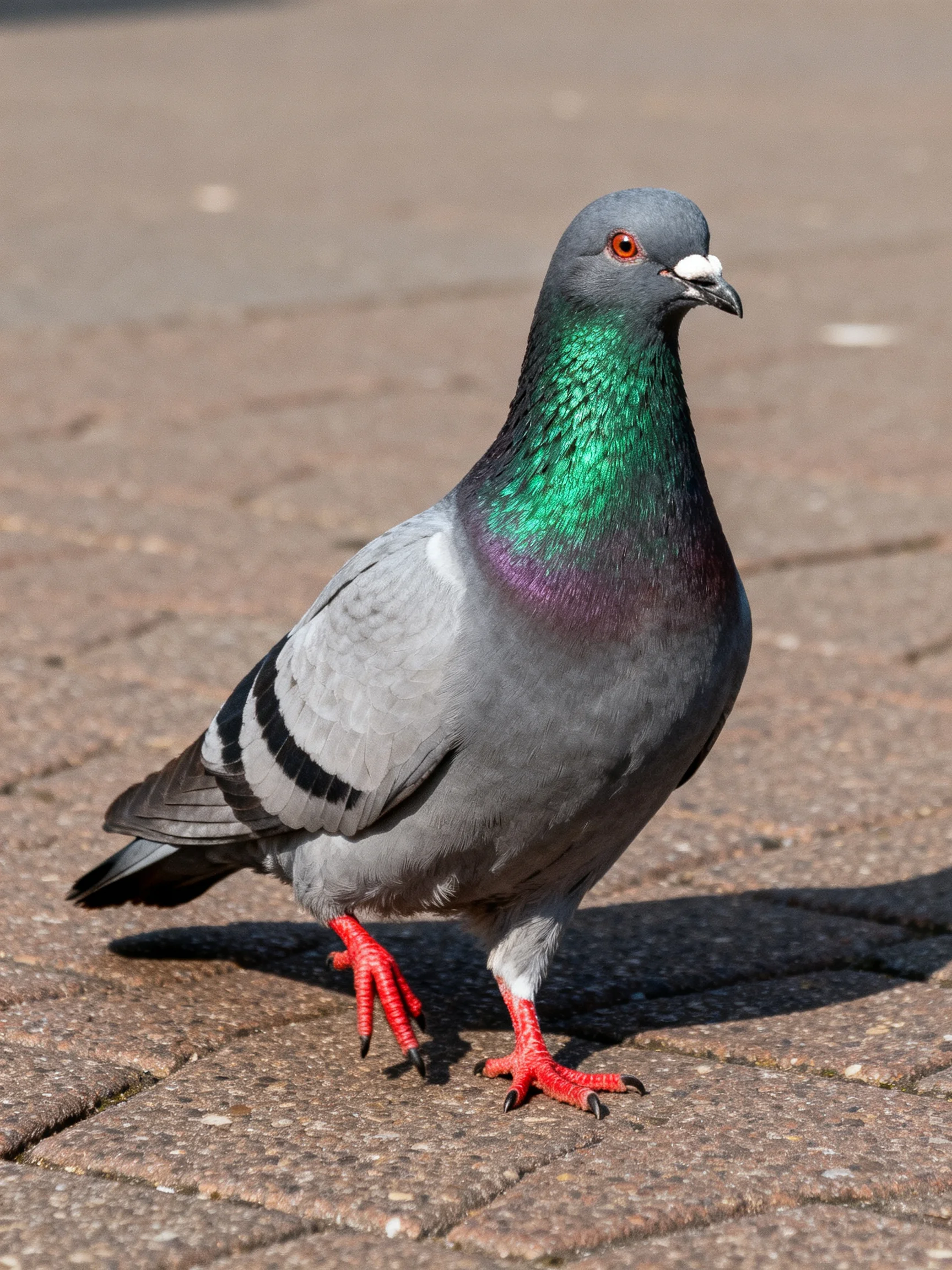 A pigeon with iridescent green neck and red feet on brick pavement