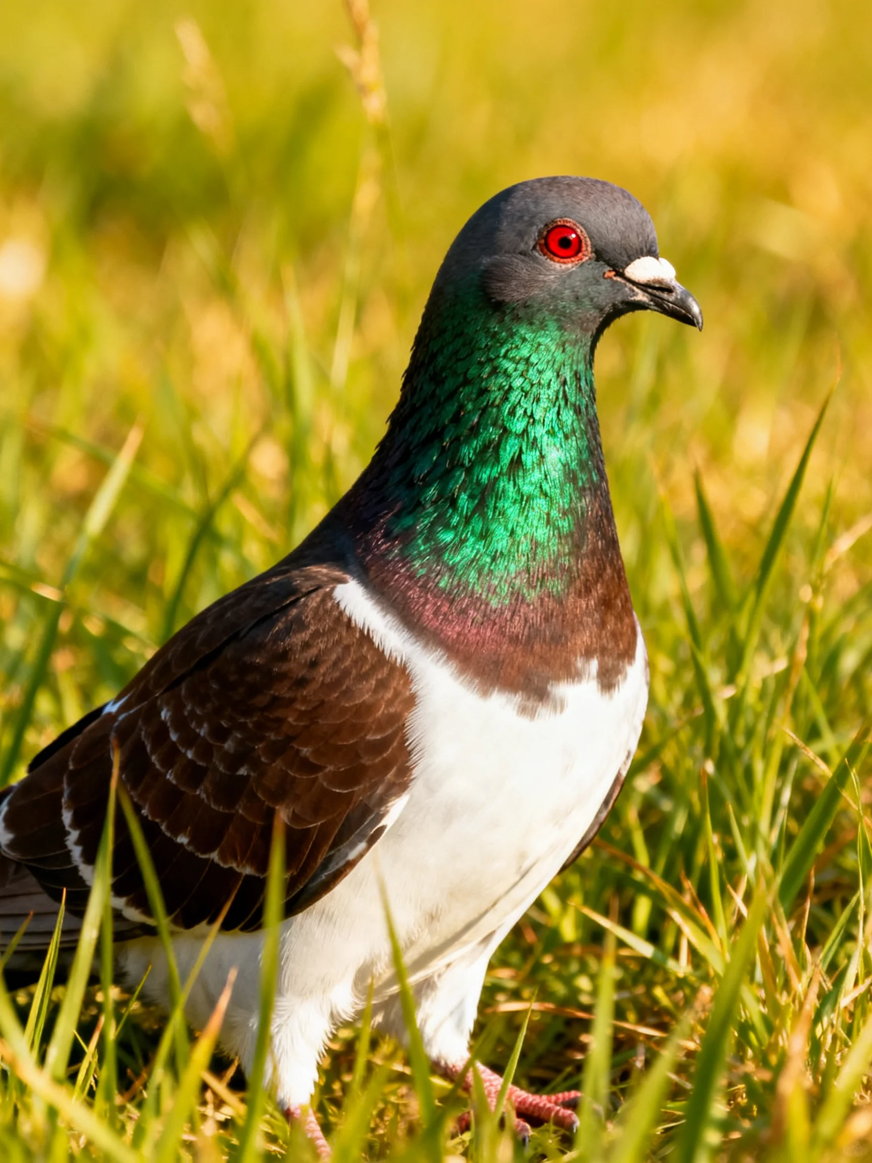 A pigeon with iridescent green neck, dark brown wings, and white underbelly
