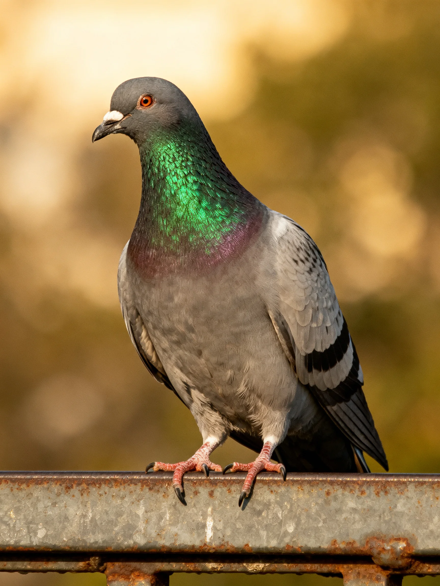 A pigeon with iridescent green neck feathers perched on a rusted metal bar