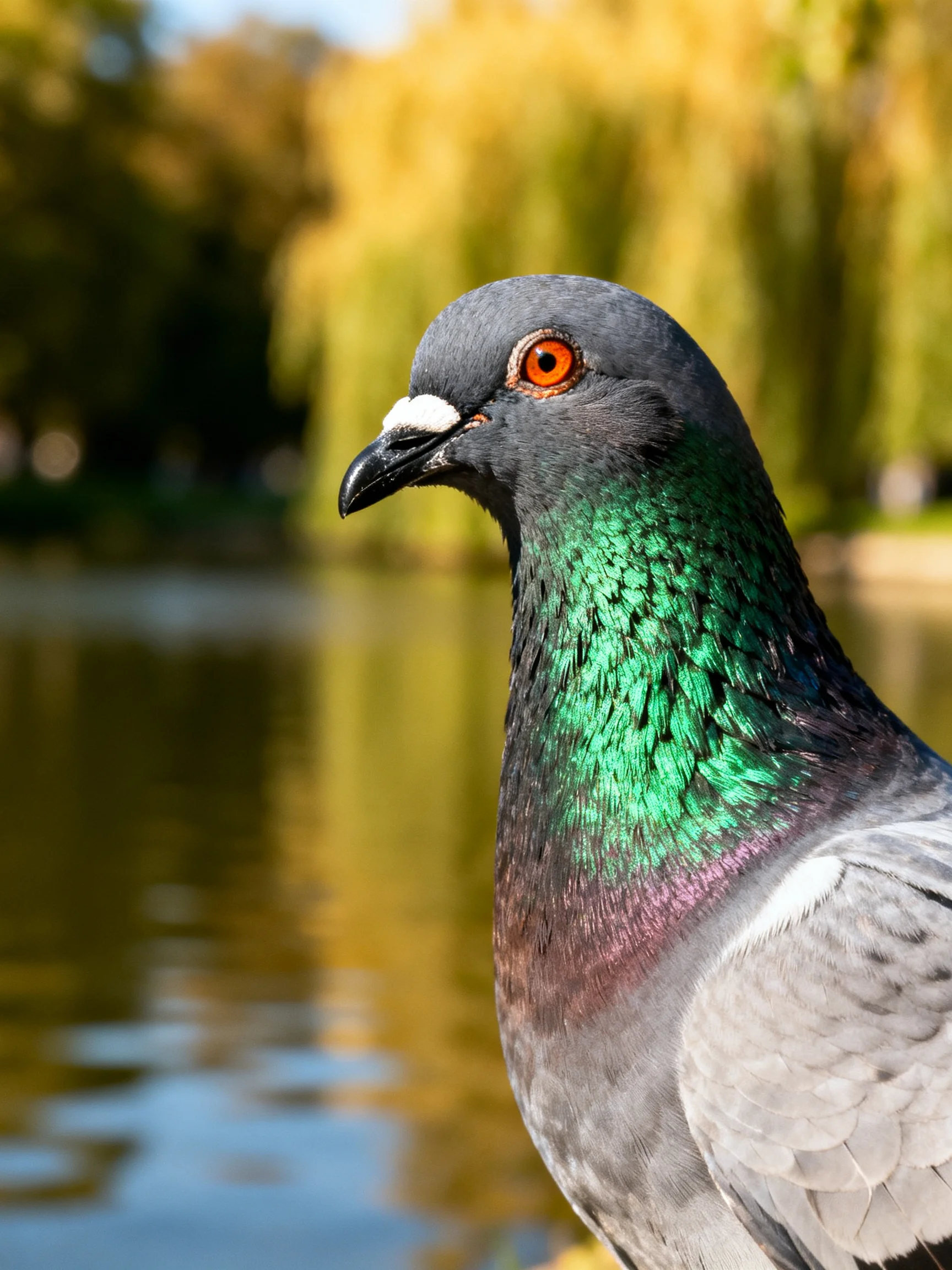 A pigeon stands by calm water with golden trees in the background.