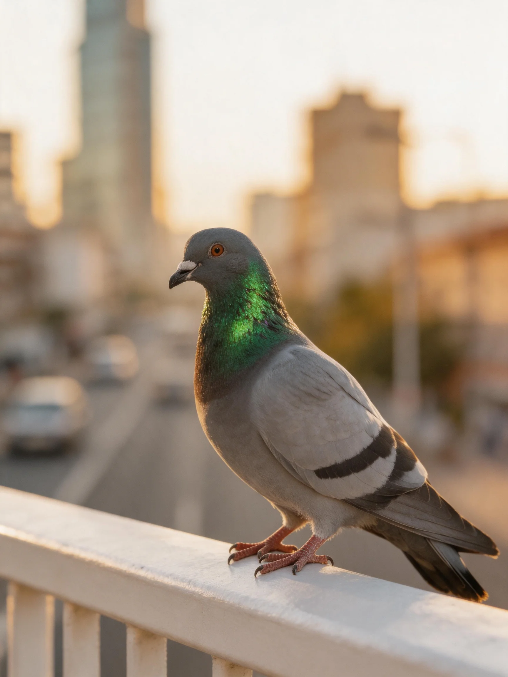 A pigeon with iridescent green neck on a bridge railing