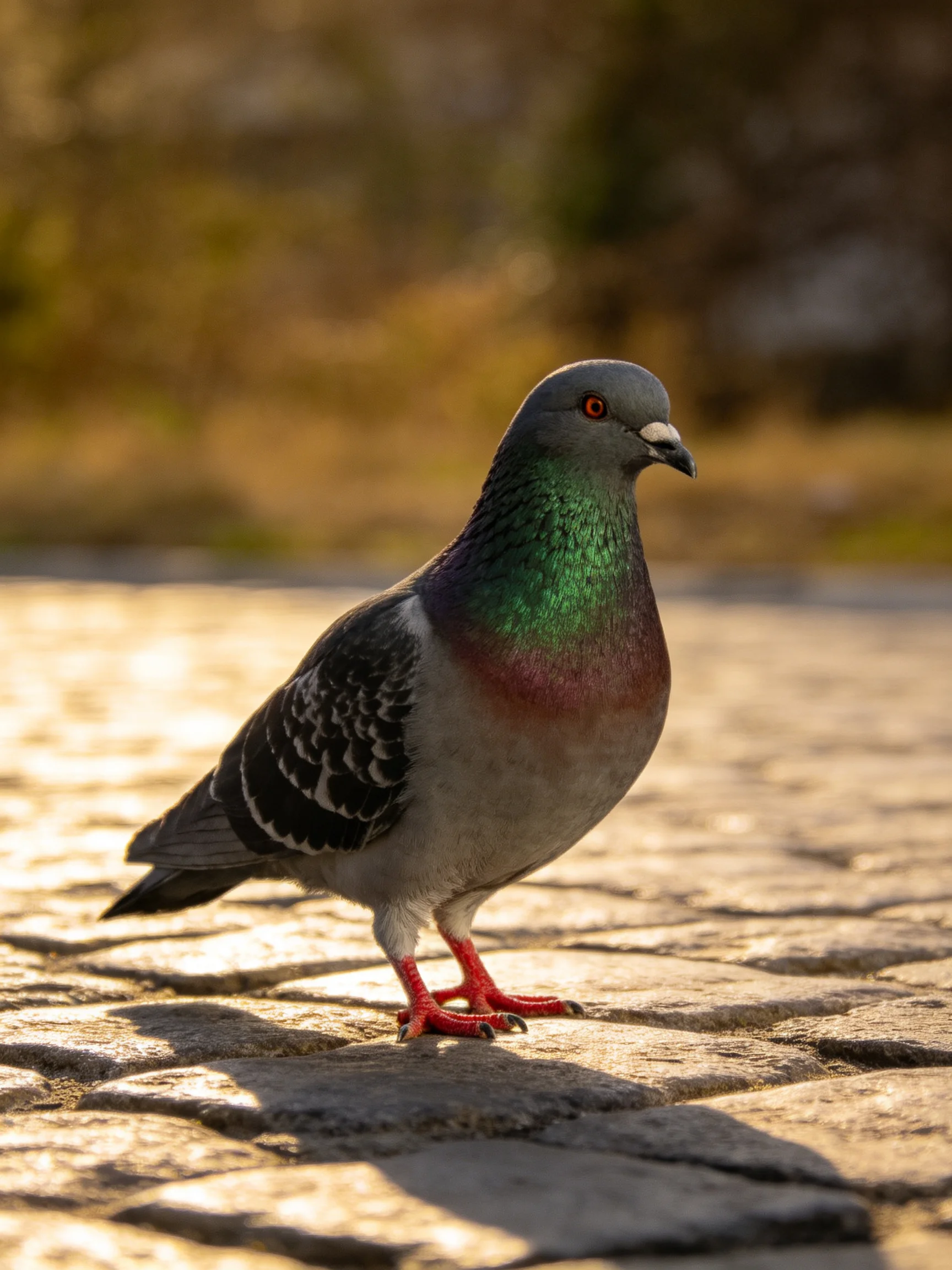A pigeon with iridescent plumage stands on a sunlit cobblestone surface.