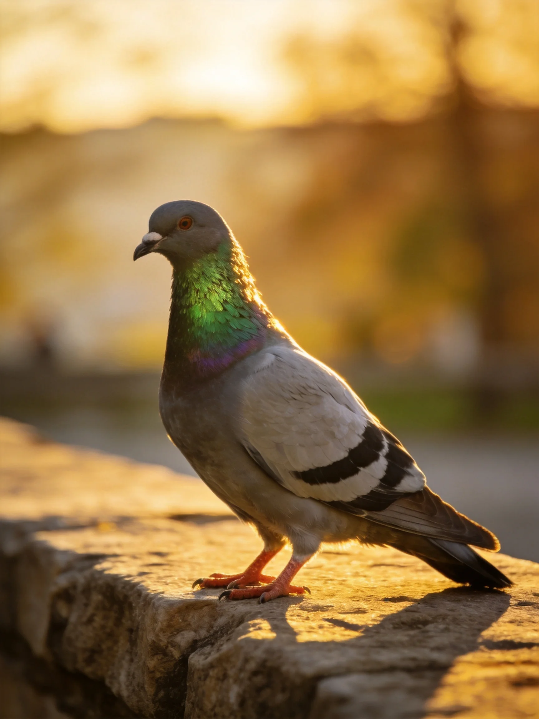 A pigeon with iridescent green neck on a weathered stone ledge