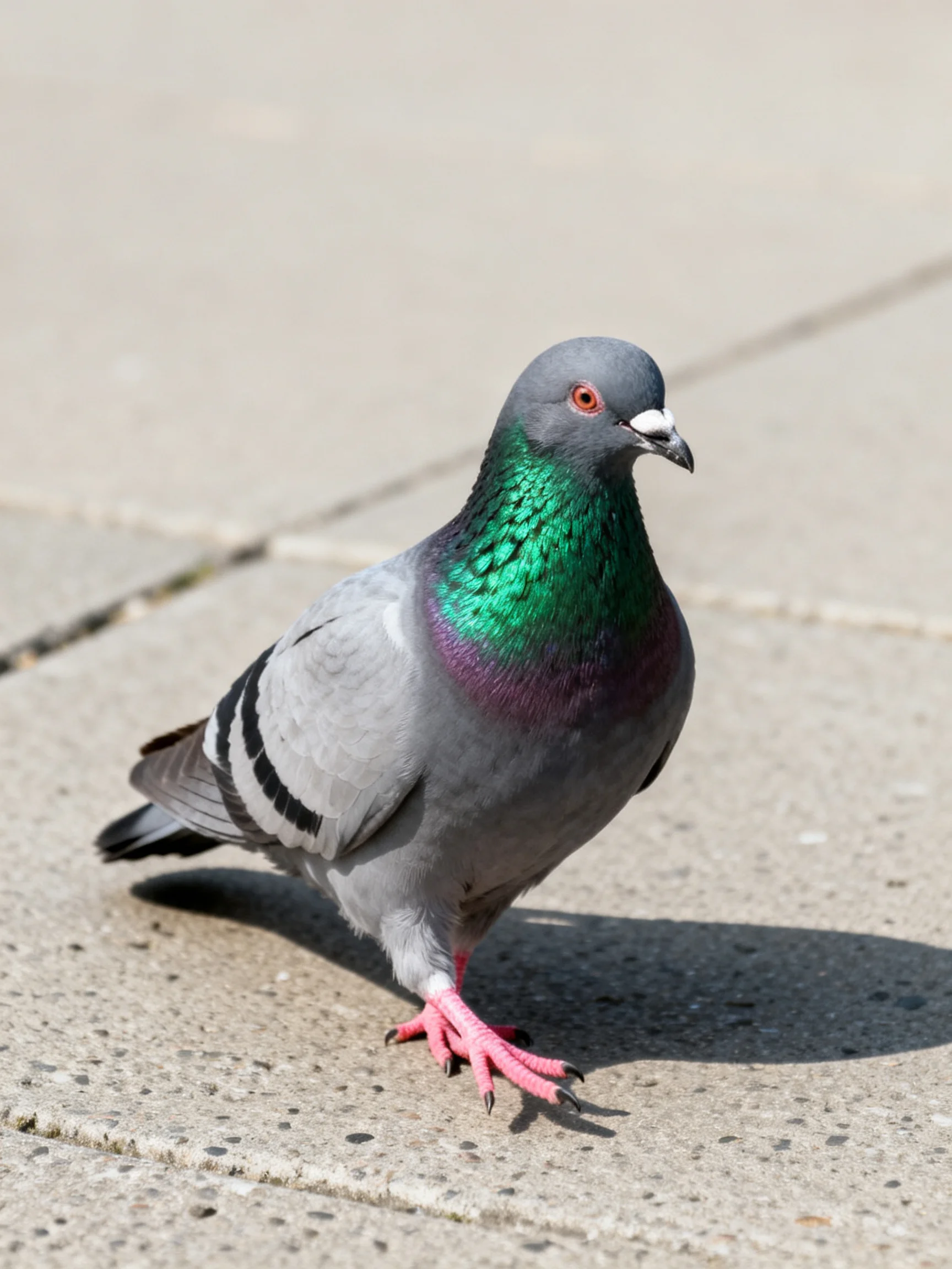 An iridescent green-necked pigeon walks on concrete pavement.