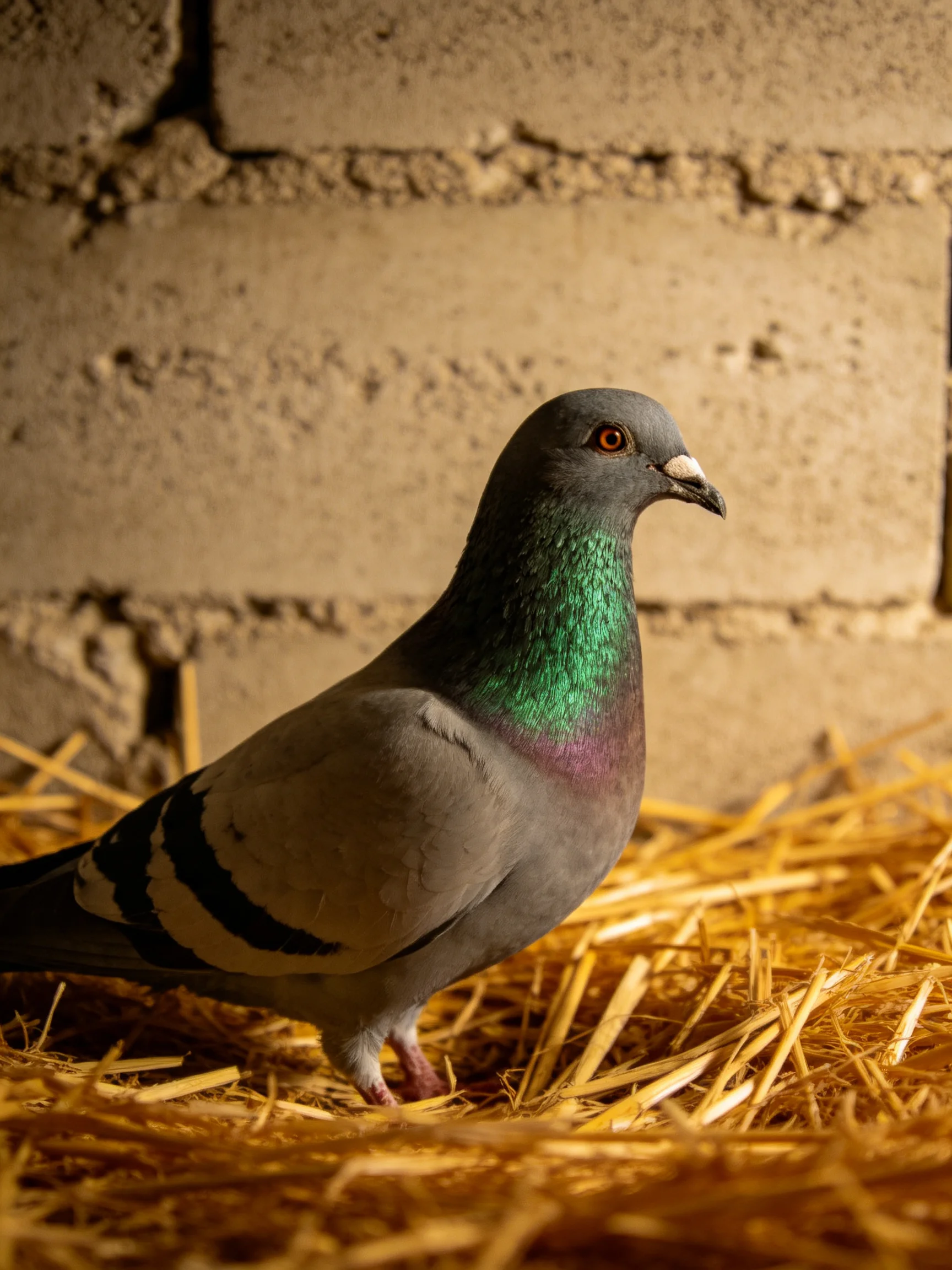 A pigeon with iridescent green neck on golden straw near a textured brick wall