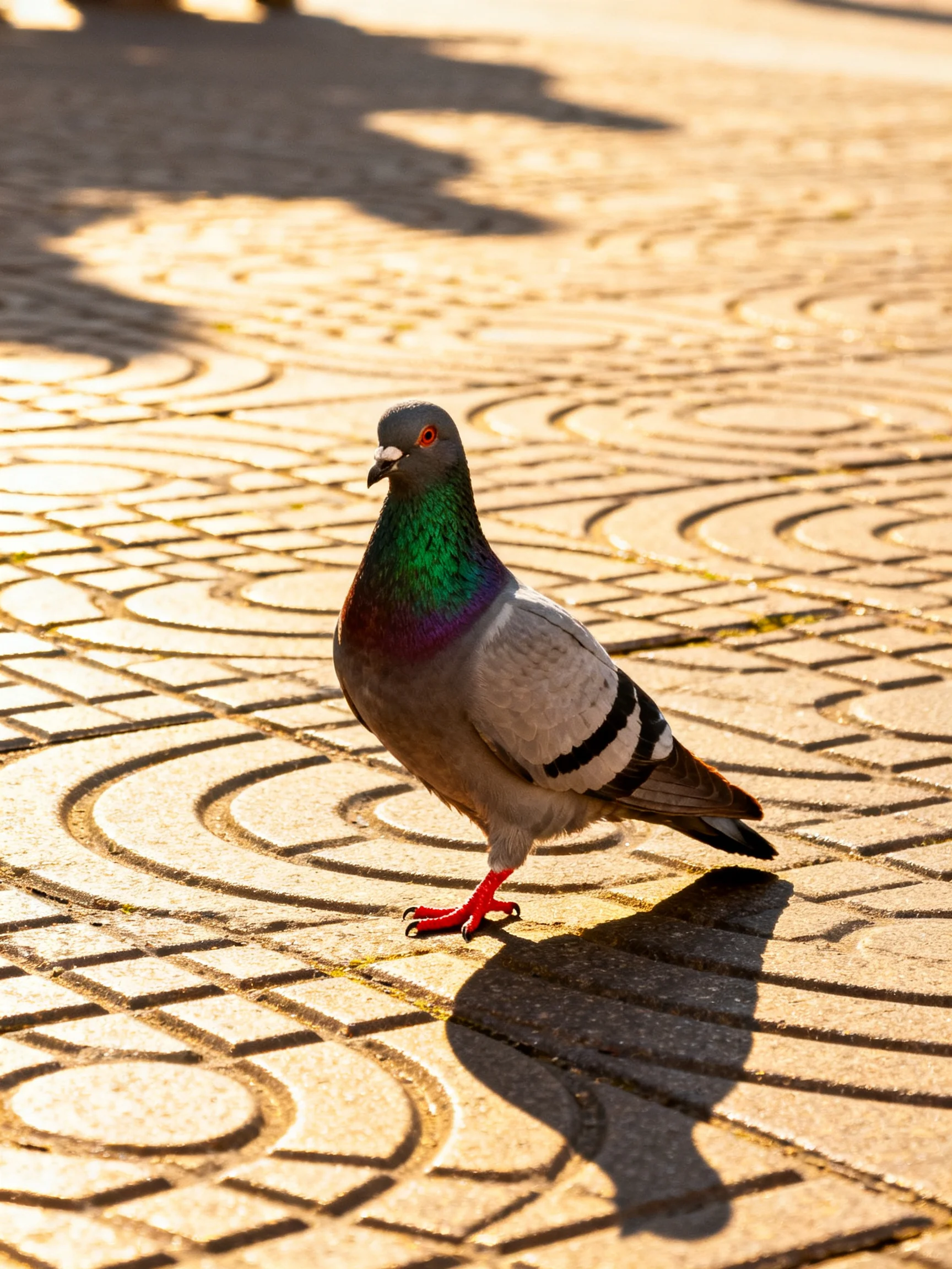 A pigeon with iridescent green neck on patterned stone pavement