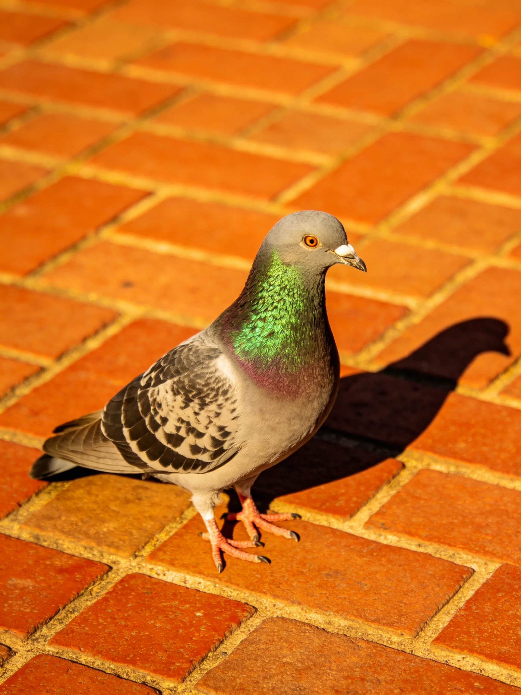 A pigeon with an iridescent green neck stands on reddish-brown brick pavement.