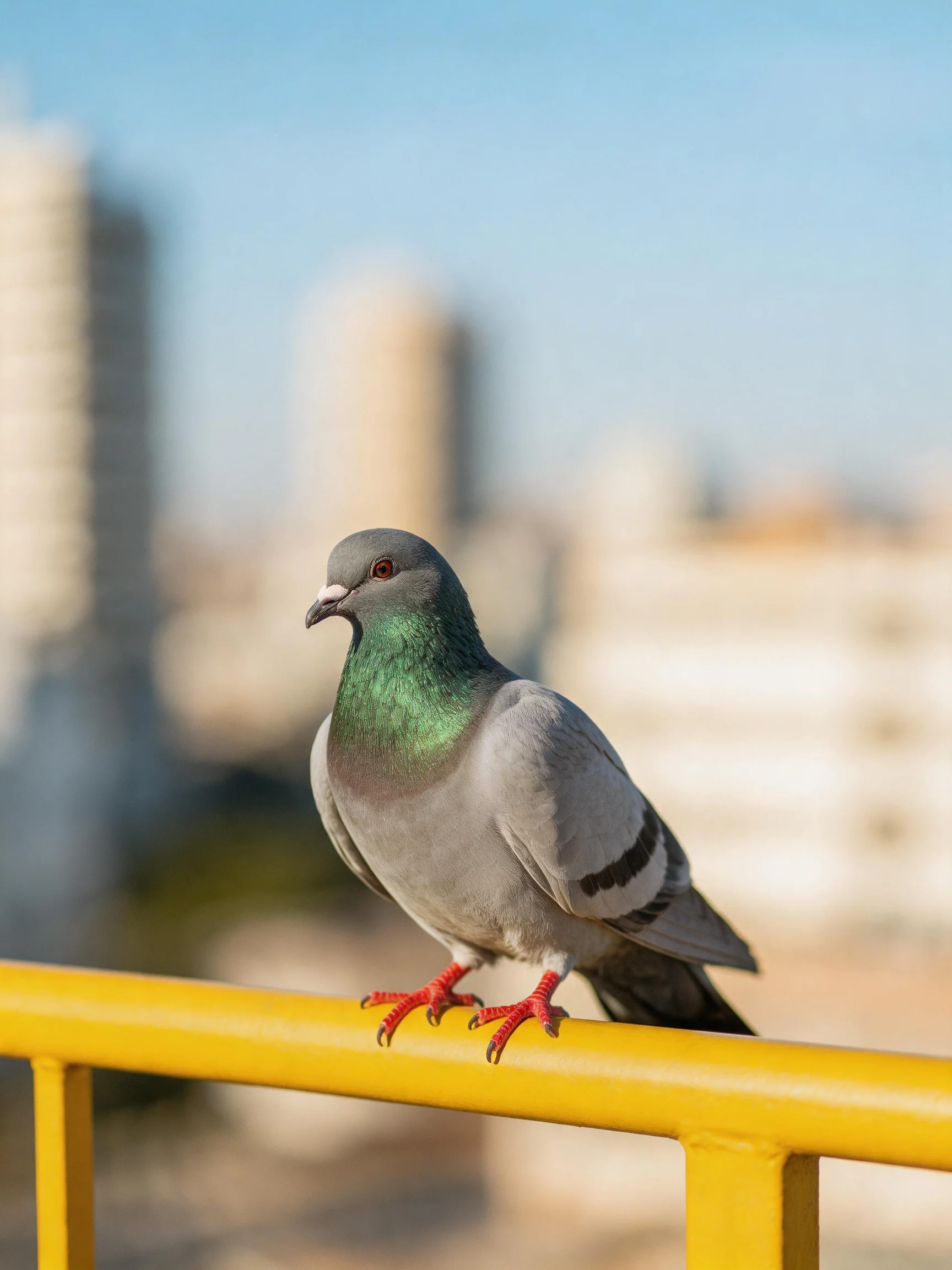 A pigeon with iridescent green neck perched on a bright yellow railing