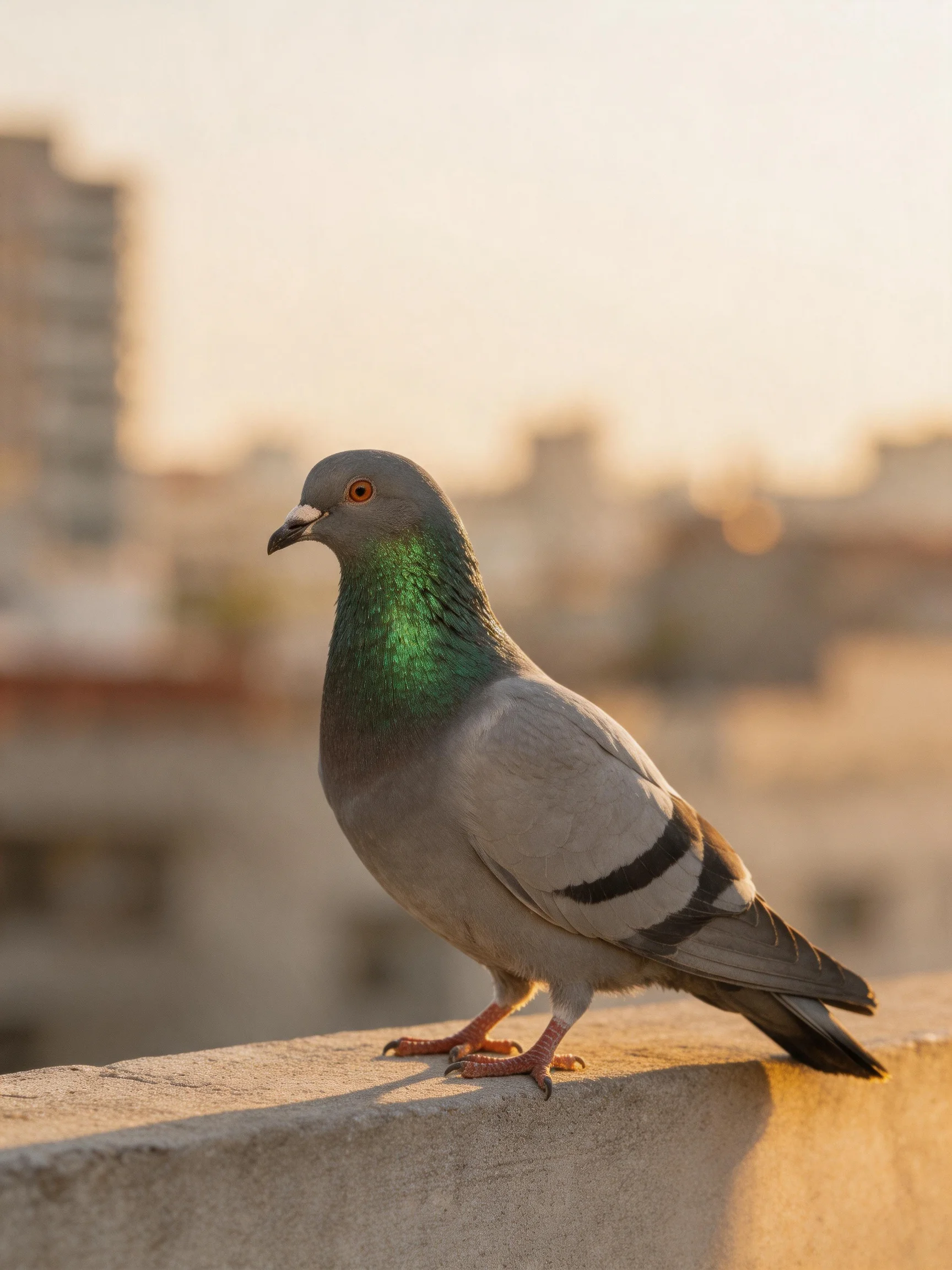 A pigeon with iridescent green neck perched on a concrete ledge