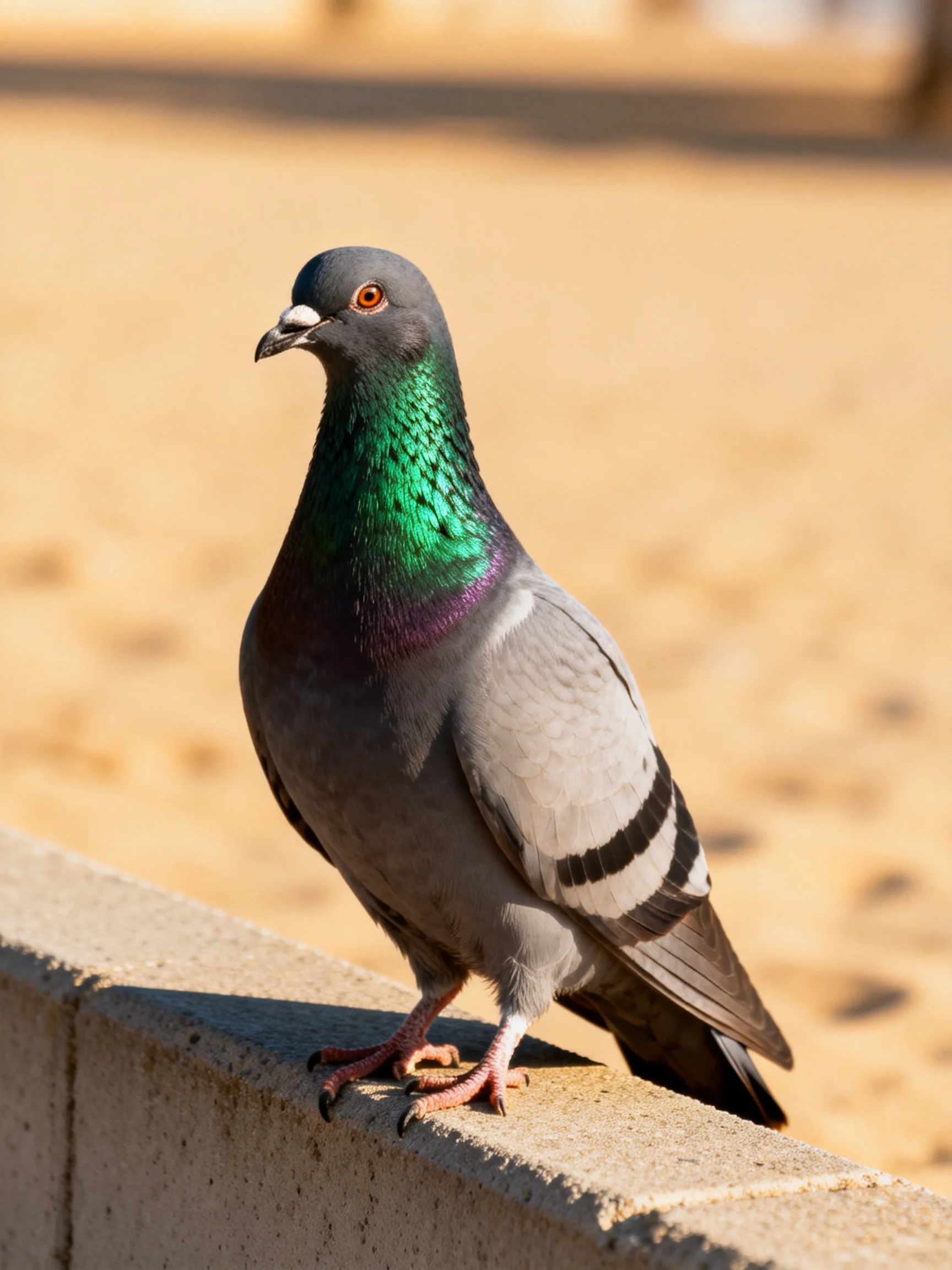 A pigeon with iridescent green neck perched on a concrete ledge