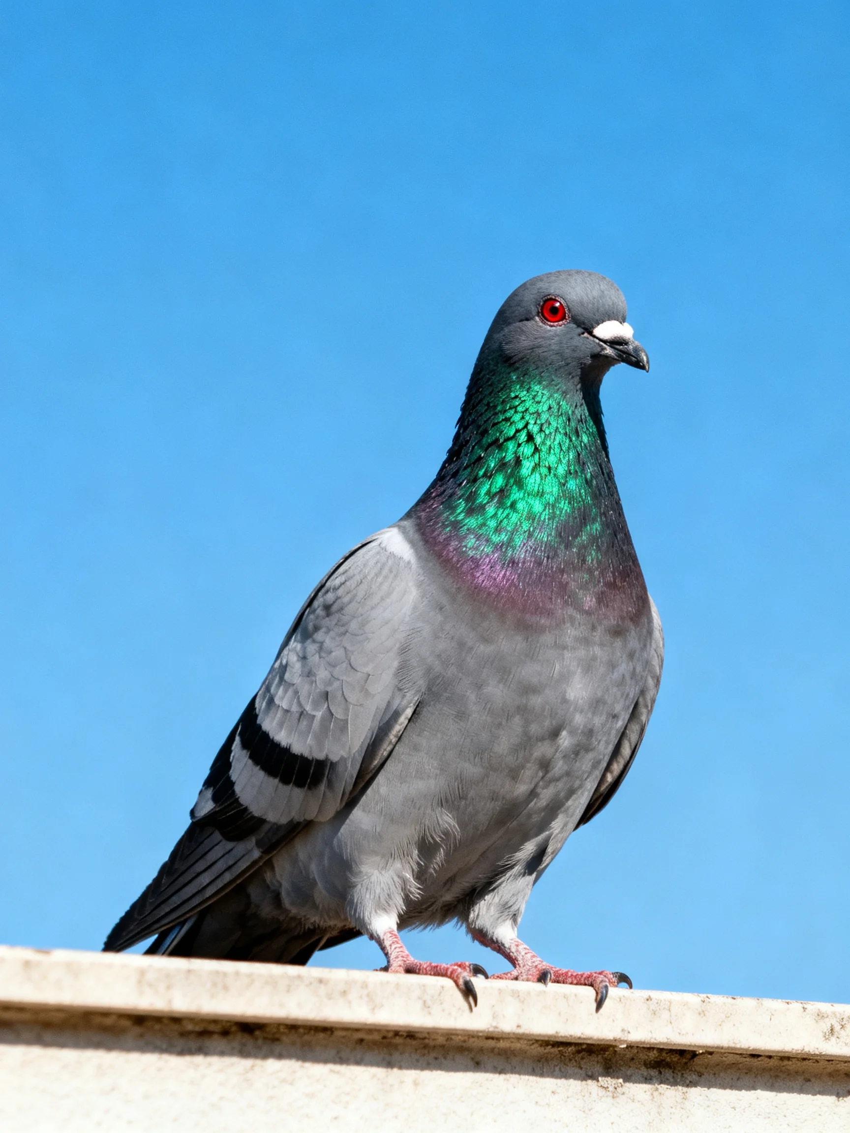 A pigeon with an iridescent green neck rests on a concrete ledge beneath a clear blue sky.