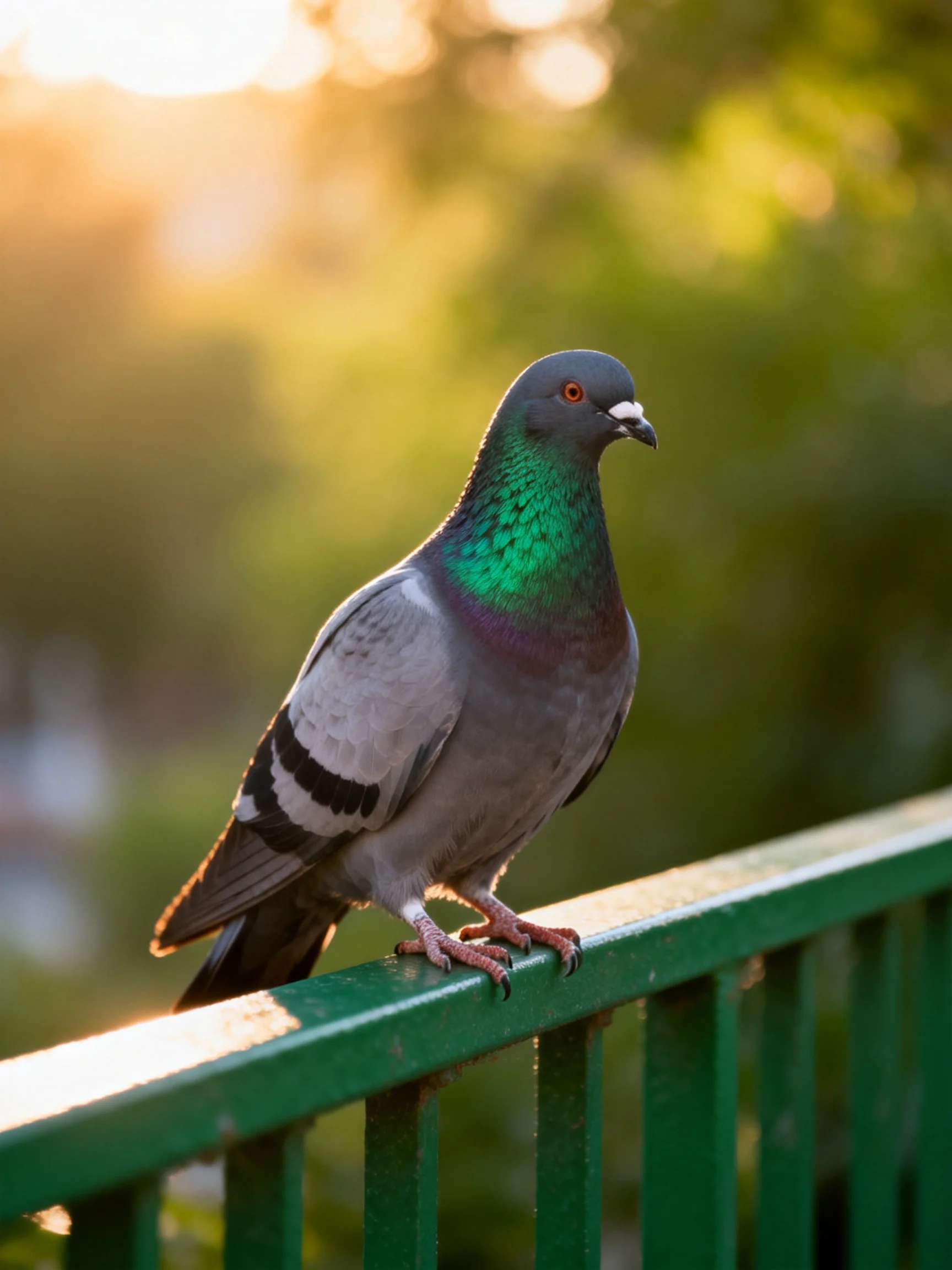 A pigeon sits on a green metal railing with a blurred green backdrop