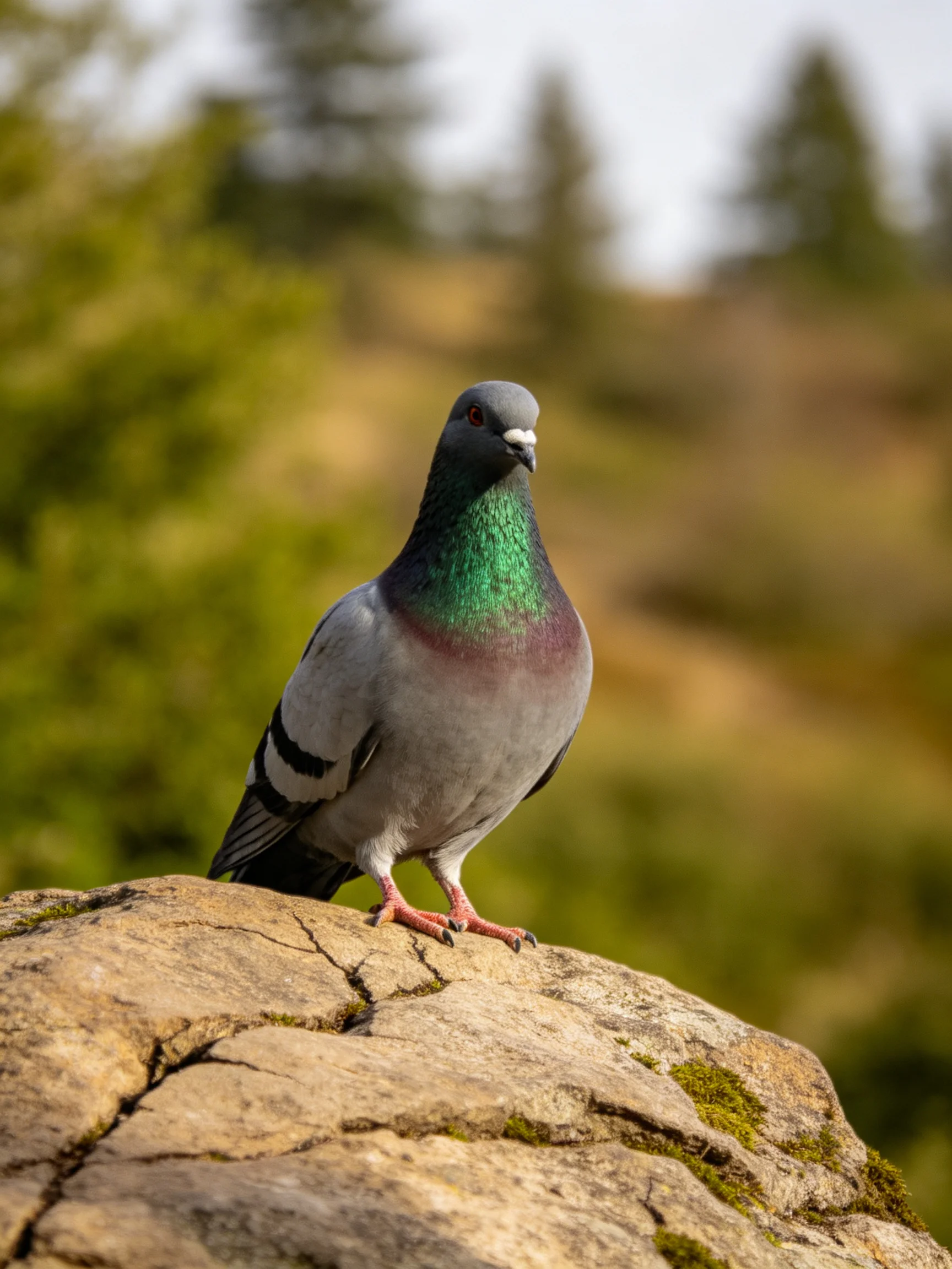 A pigeon with iridescent green neck perched on a mossy rock