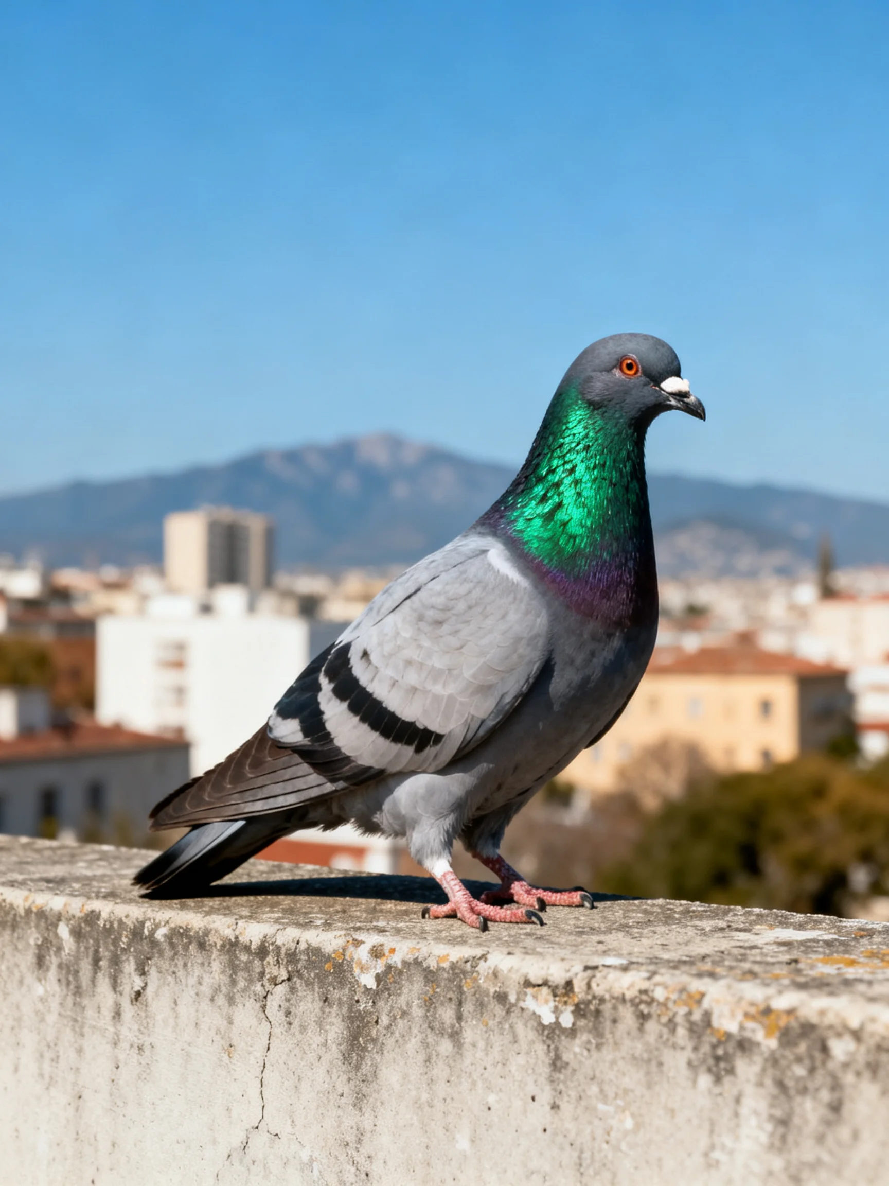 A pigeon with an iridescent green neck rests on a cracked concrete ledge overlooking a city.
