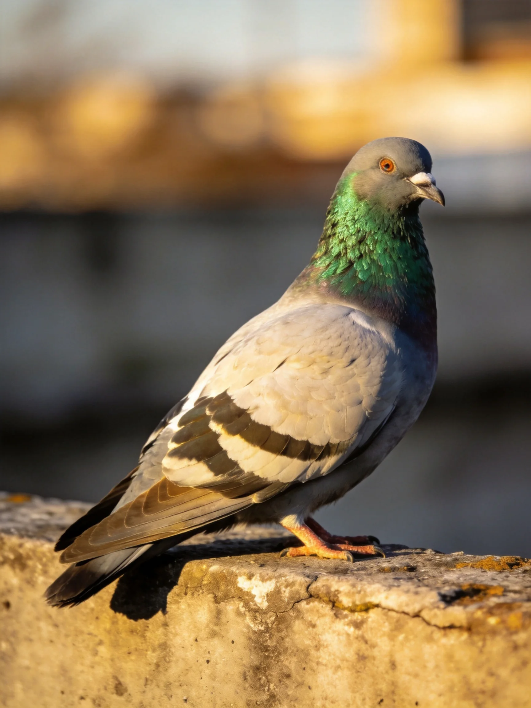 A pigeon with iridescent plumage rests on a weathered concrete ledge.