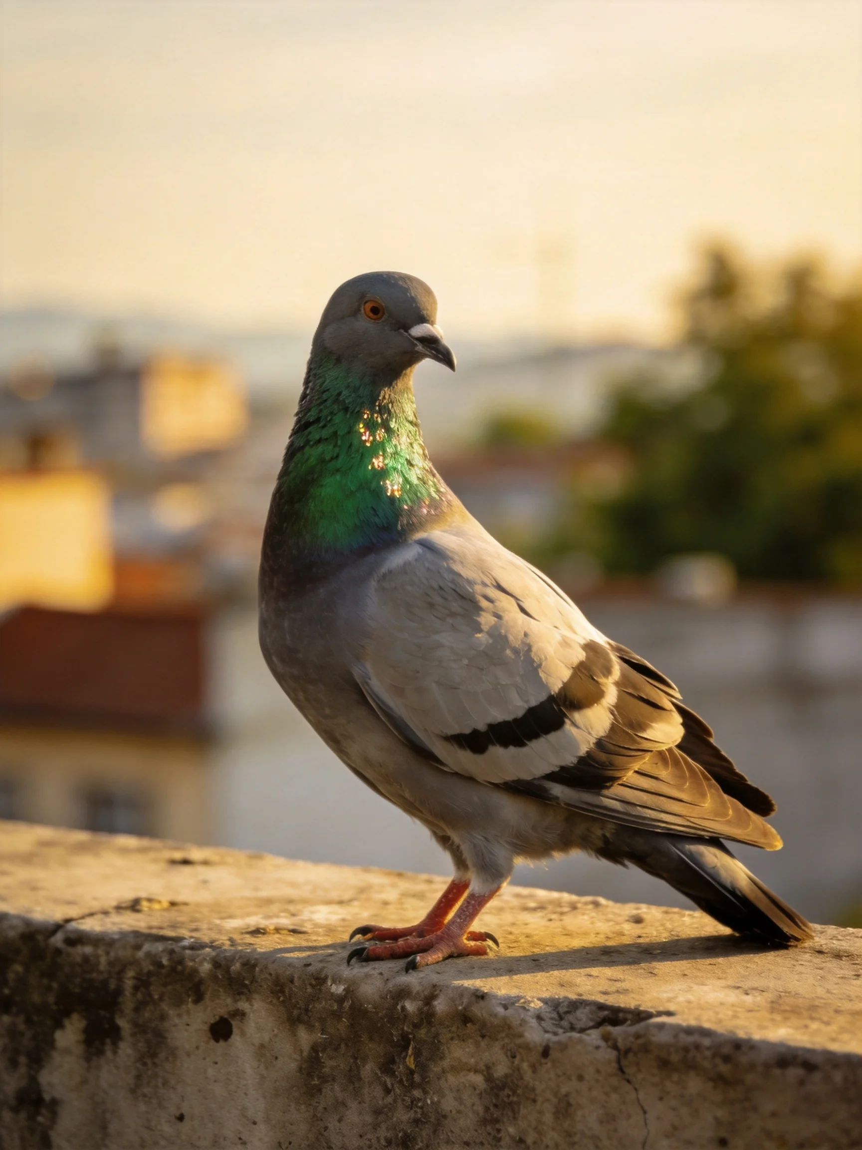 A pigeon with iridescent green neck perched on a weathered concrete ledge