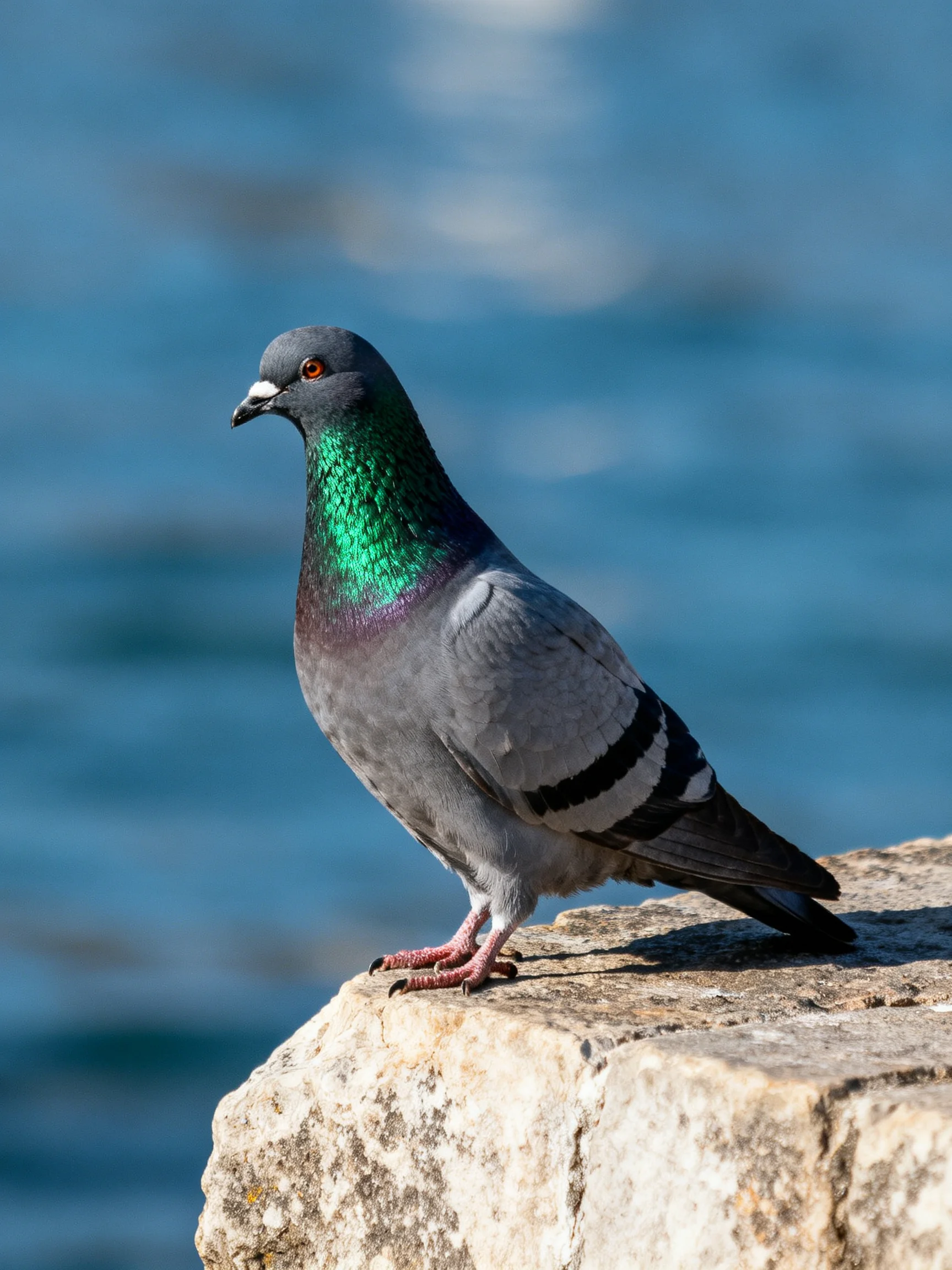 A pigeon with iridescent green neck perched on a weathered stone by blue water