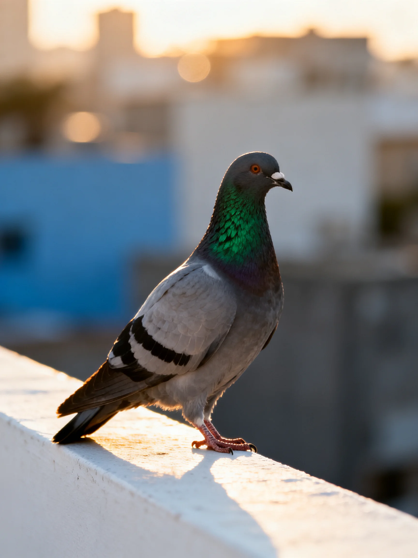 A pigeon with iridescent green neck perched on a white ledge near blue buildings