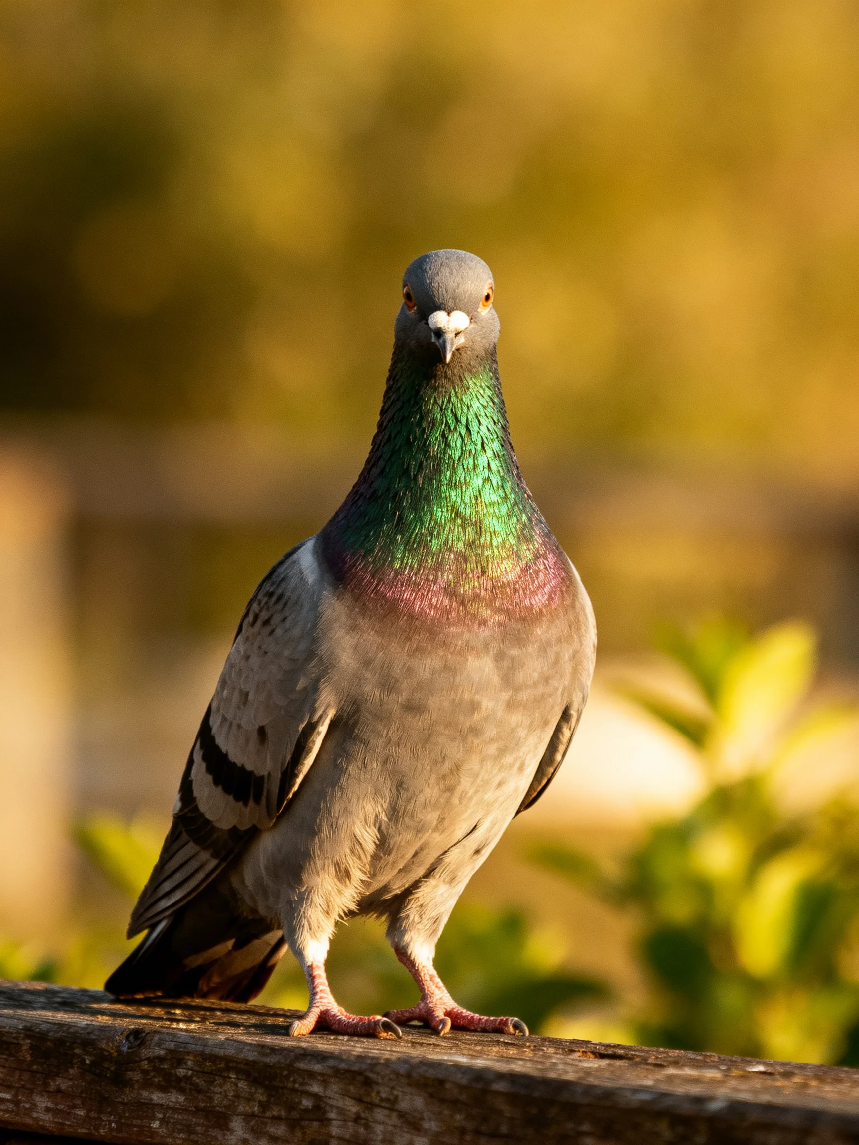 A pigeon with iridescent green neck perched on a wooden rail